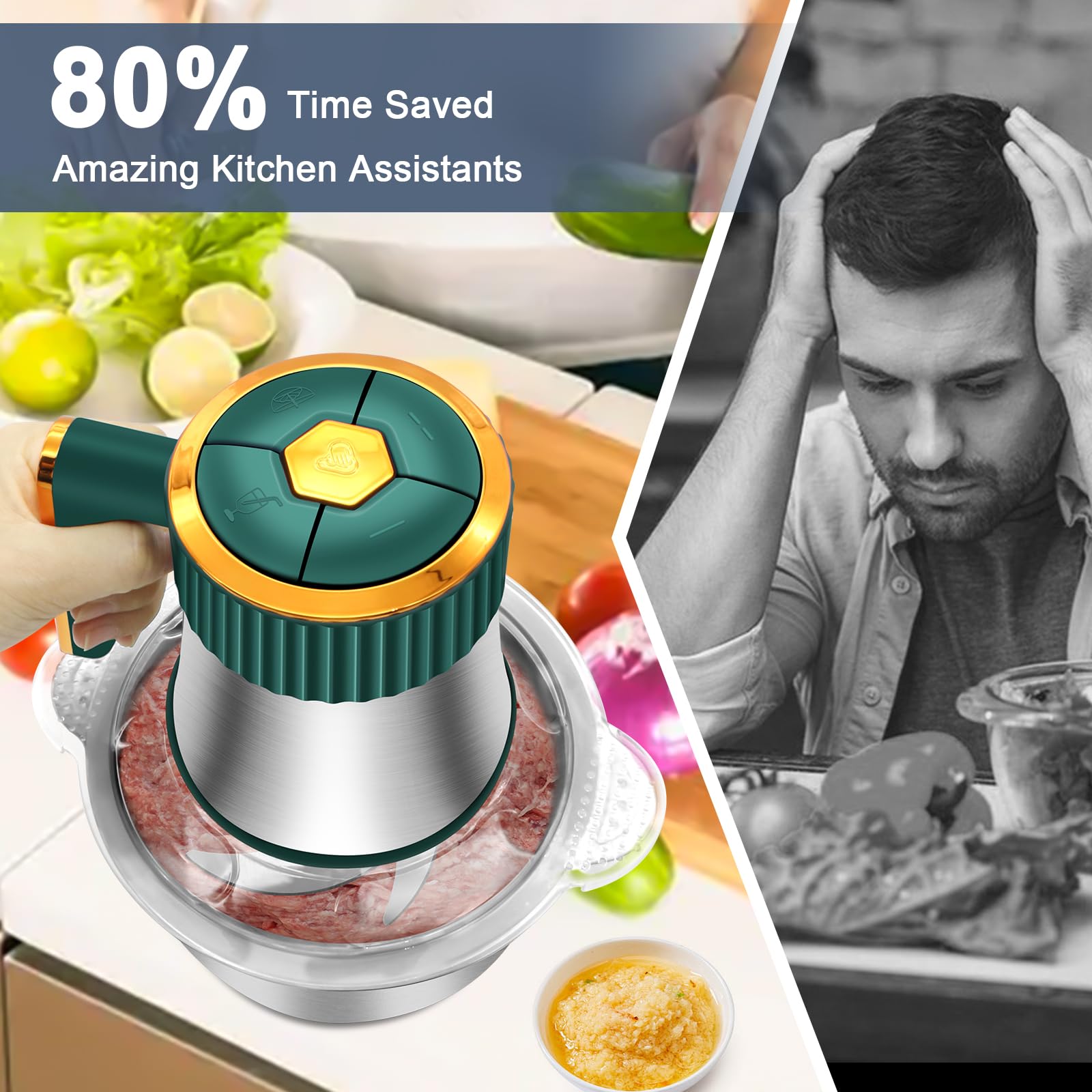 Food Processor, 5 Speed Meat Grinder Electric Food Chopper with 2 Bowls (8 Cup+8 Cup), 4 Bi-Level Blades Mini Kitchen Cutter for Vegetable, Onion, Garlic, Meat, Nuts, and Baby Food (300W Blue-2L)