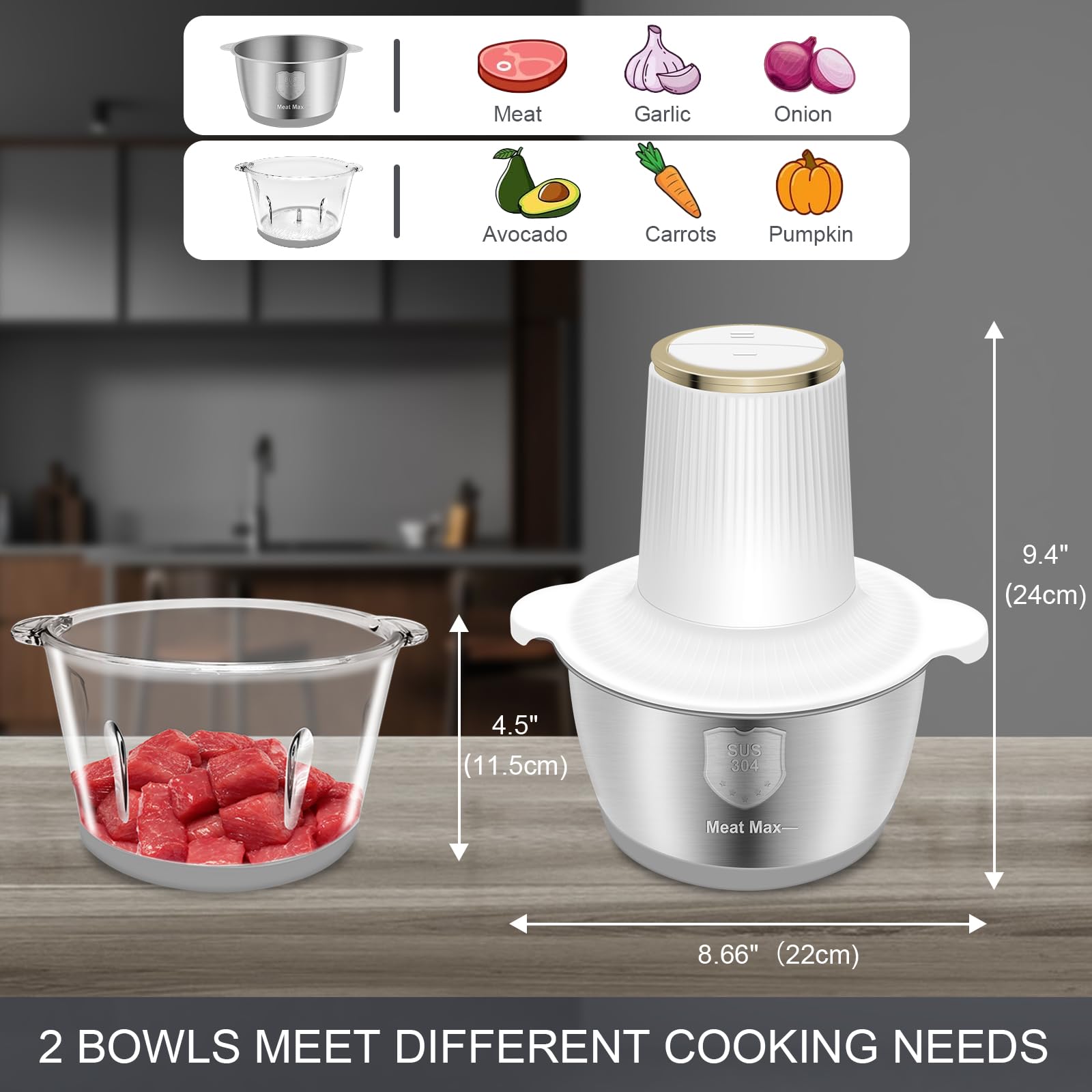 Food Processor, 5 Speed Meat Grinder Electric Food Chopper with 2 Bowls (8 Cup+8 Cup), 4 Bi-Level Blades Mini Kitchen Cutter for Vegetable, Onion, Garlic, Meat, Nuts, and Baby Food (300W Blue-2L)