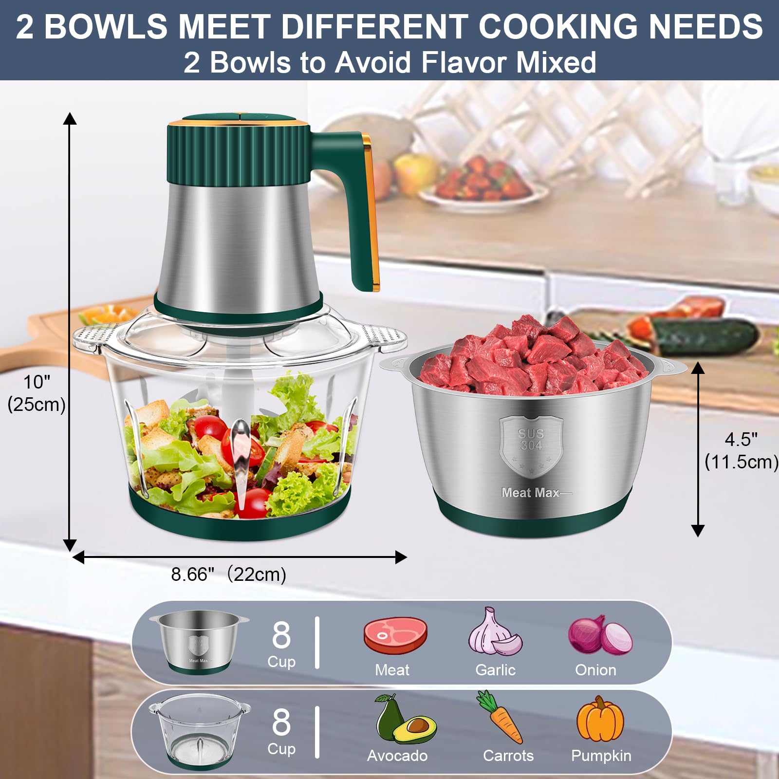 Food Processor, 5 Speed Meat Grinder Electric Food Chopper with 2 Bowls (8 Cup+8 Cup), 4 Bi-Level Blades Mini Kitchen Cutter for Vegetable, Onion, Garlic, Meat, Nuts, and Baby Food (300W Blue-2L)