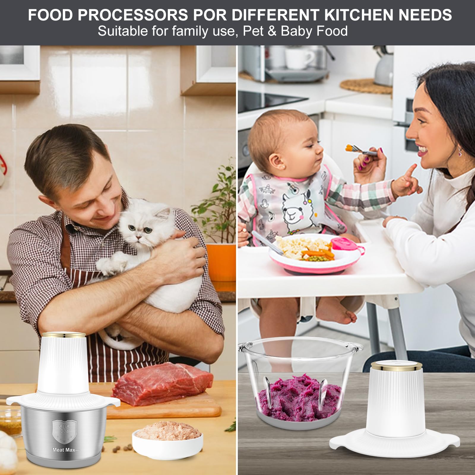 Food Processor, 5 Speed Meat Grinder Electric Food Chopper with 2 Bowls (8 Cup+8 Cup), 4 Bi-Level Blades Mini Kitchen Cutter for Vegetable, Onion, Garlic, Meat, Nuts, and Baby Food (300W Blue-2L)