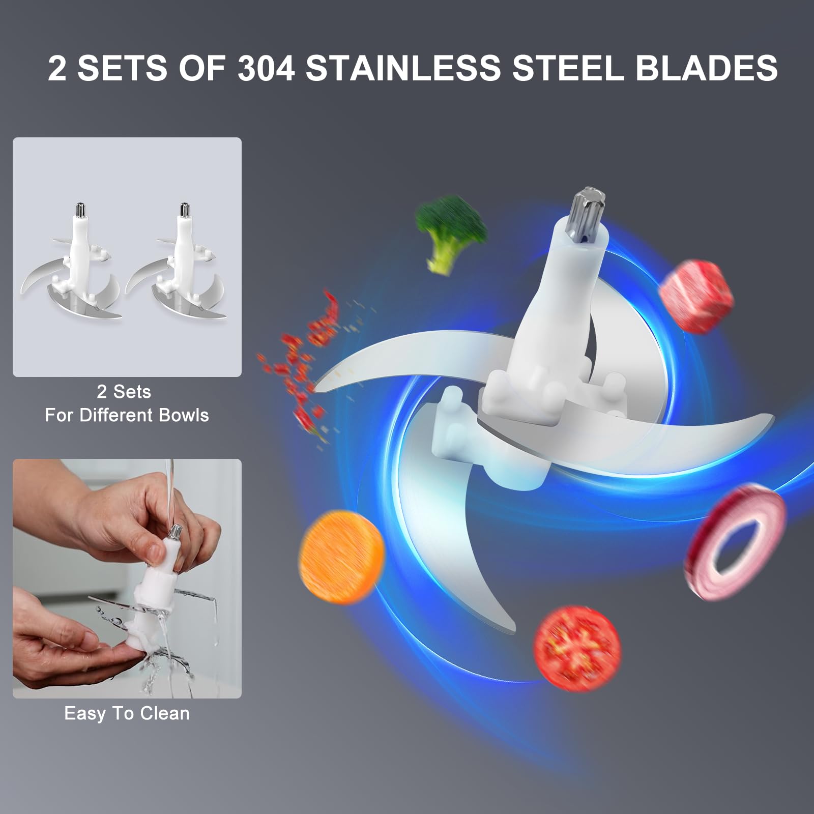 Food Processor, 5 Speed Meat Grinder Electric Food Chopper with 2 Bowls (8 Cup+8 Cup), 4 Bi-Level Blades Mini Kitchen Cutter for Vegetable, Onion, Garlic, Meat, Nuts, and Baby Food (300W Blue-2L)