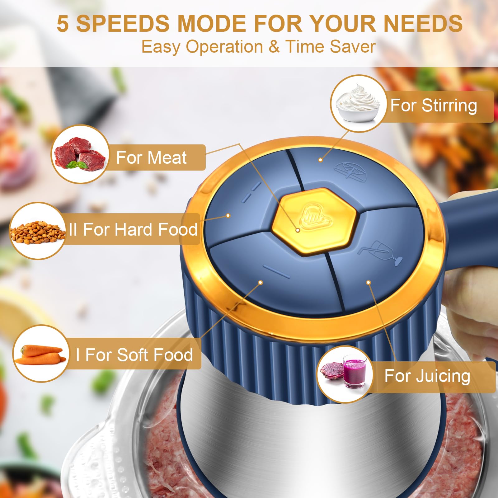 Food Processor, 5 Speed Meat Grinder Electric Food Chopper with 2 Bowls (8 Cup+8 Cup), 4 Bi-Level Blades Mini Kitchen Cutter for Vegetable, Onion, Garlic, Meat, Nuts, and Baby Food (300W Blue-2L)