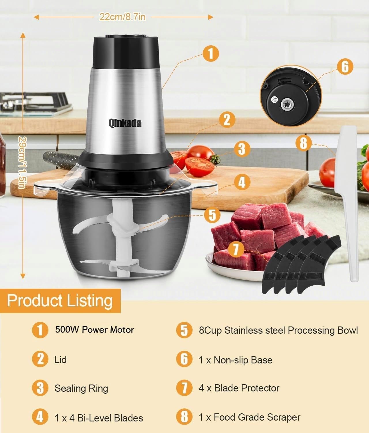Food Processor, 500W Powerful Meat Grinder, 14Cup Stainless Steel Bowl, 3 Speed Modes 4 Bi-Level Blades for Onion, Meat, Nuts, Fruit, Garlic, Vegetable, Baby Food