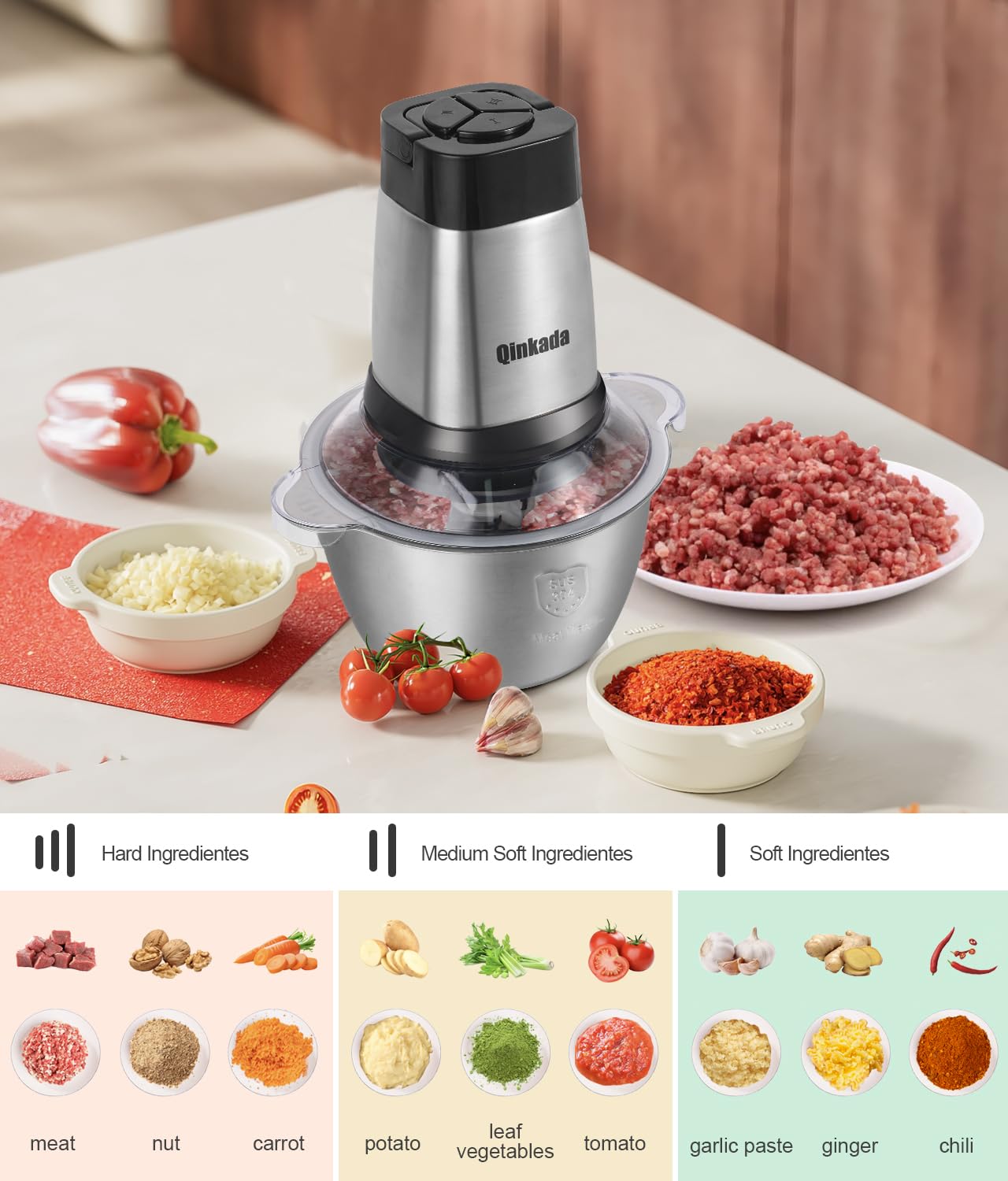 Food Processor, 500W Powerful Meat Grinder, 14Cup Stainless Steel Bowl, 3 Speed Modes 4 Bi-Level Blades for Onion, Meat, Nuts, Fruit, Garlic, Vegetable, Baby Food