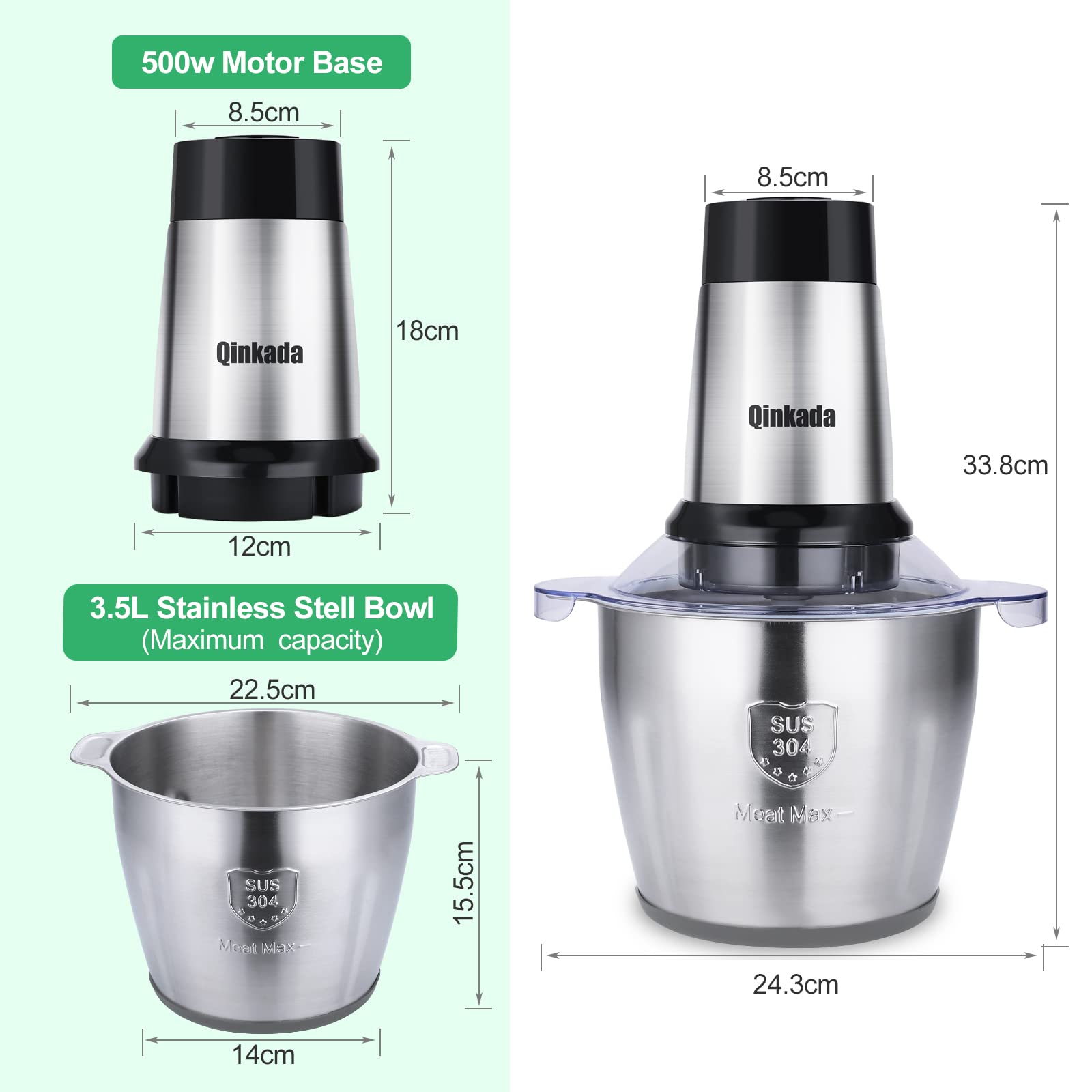 Food Processor, 500W Powerful Meat Grinder, 14Cup Stainless Steel Bowl, 3 Speed Modes 4 Bi-Level Blades for Onion, Meat, Nuts, Fruit, Garlic, Vegetable, Baby Food