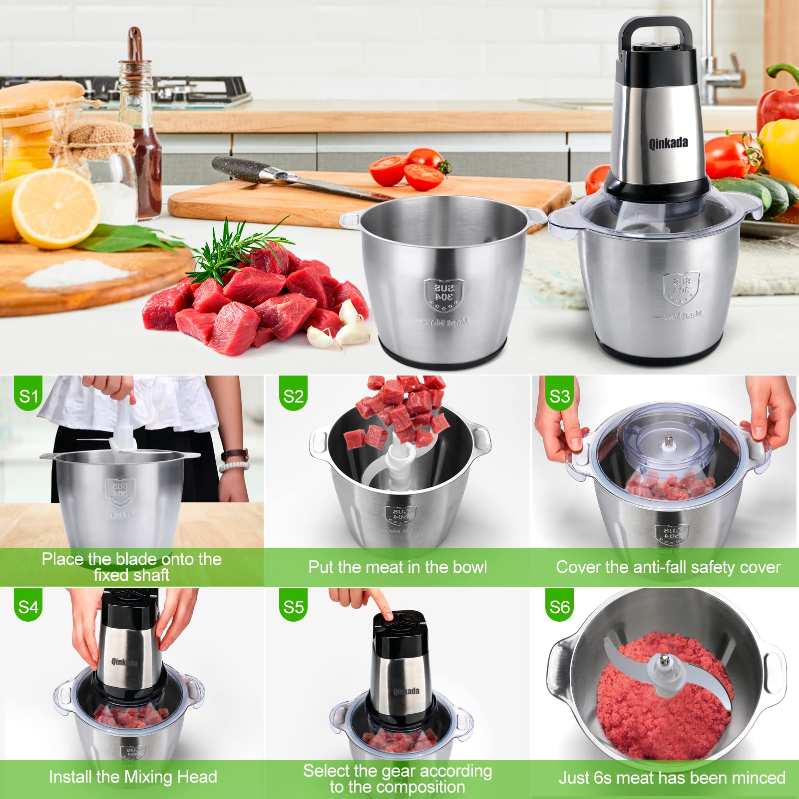 Food Processor, 500W Powerful Meat Grinder, 14Cup Stainless Steel Bowl, 3 Speed Modes 4 Bi-Level Blades for Onion, Meat, Nuts, Fruit, Garlic, Vegetable, Baby Food