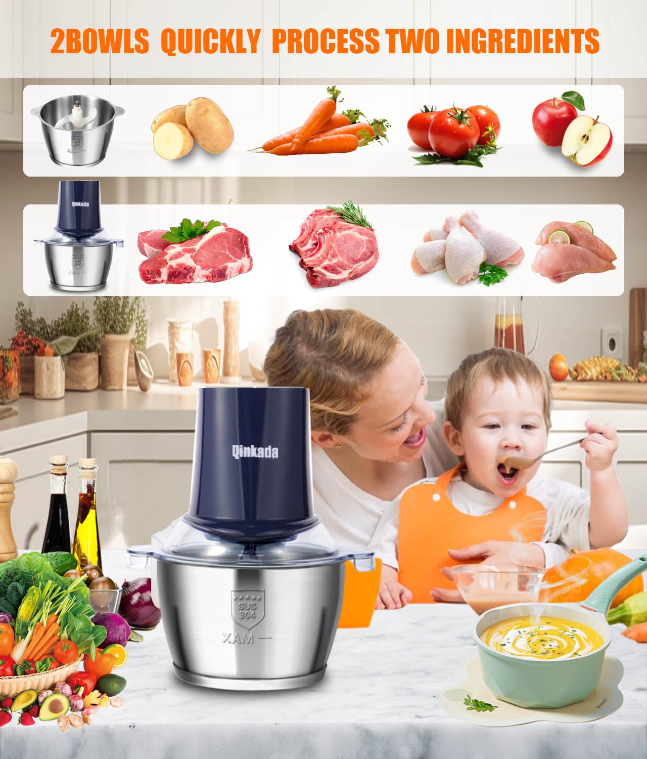 Food Processors with 2 Bowls, 400W Meat Grinder, Food Chopper Electric, 2 Speed, 8Cup Glass and 8Cup 304 Stainless Steel, 2 Blades, Spatula (White)
