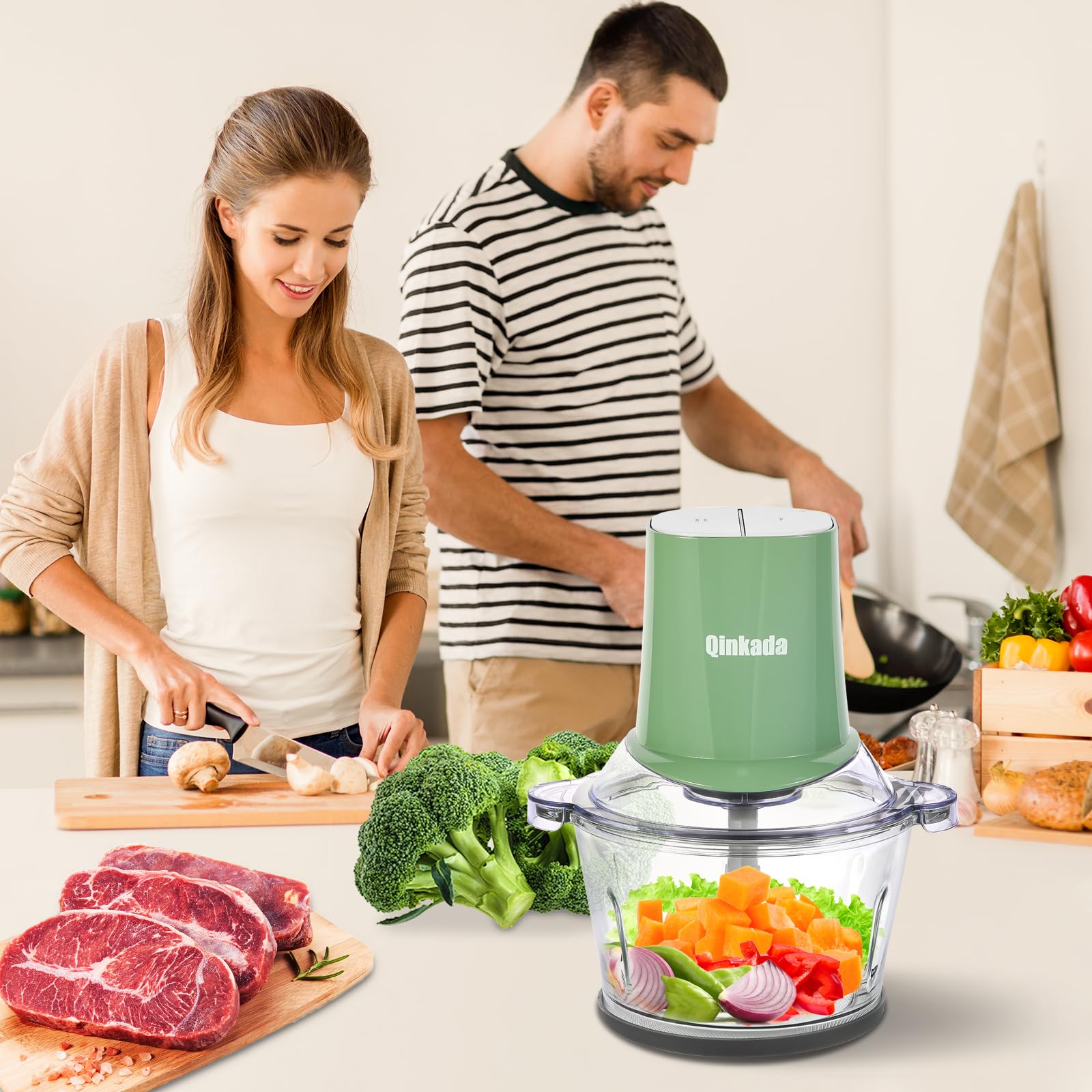 Food Processors with 2 Bowls, 400W Meat Grinder, Food Chopper Electric, 2 Speed, 8Cup Glass and 8Cup 304 Stainless Steel, 2 Blades, Spatula (White)