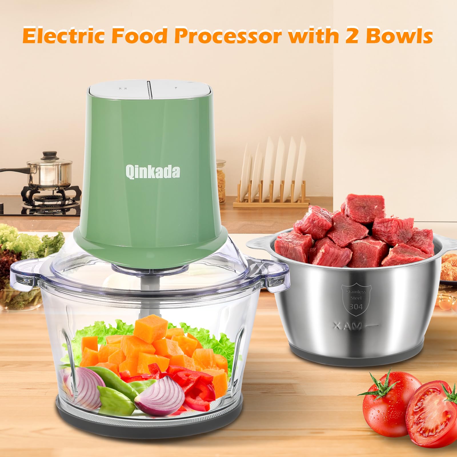 Food Processors with 2 Bowls, 400W Meat Grinder, Food Chopper Electric, 2 Speed, 8Cup Glass and 8Cup 304 Stainless Steel, 2 Blades, Spatula (White)