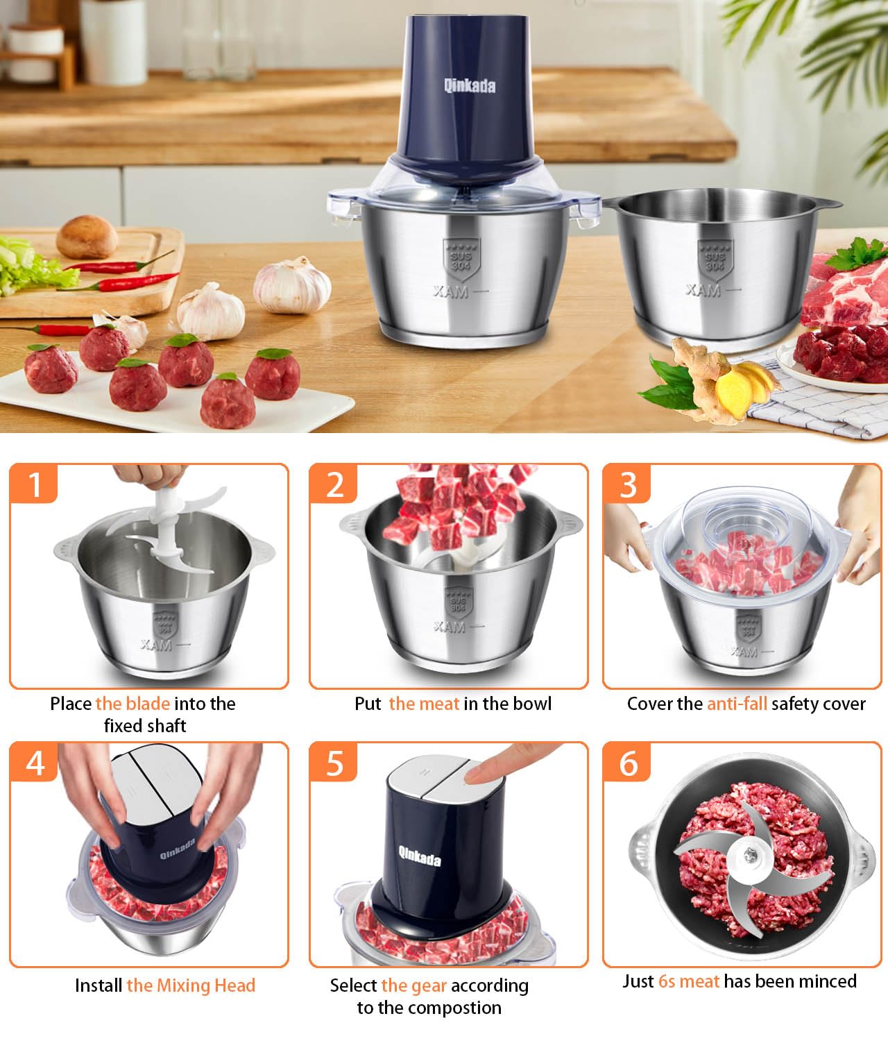 Food Processors with 2 Bowls, 400W Meat Grinder, Food Chopper Electric, 2 Speed, 8Cup Glass and 8Cup 304 Stainless Steel, 2 Blades, Spatula (White)