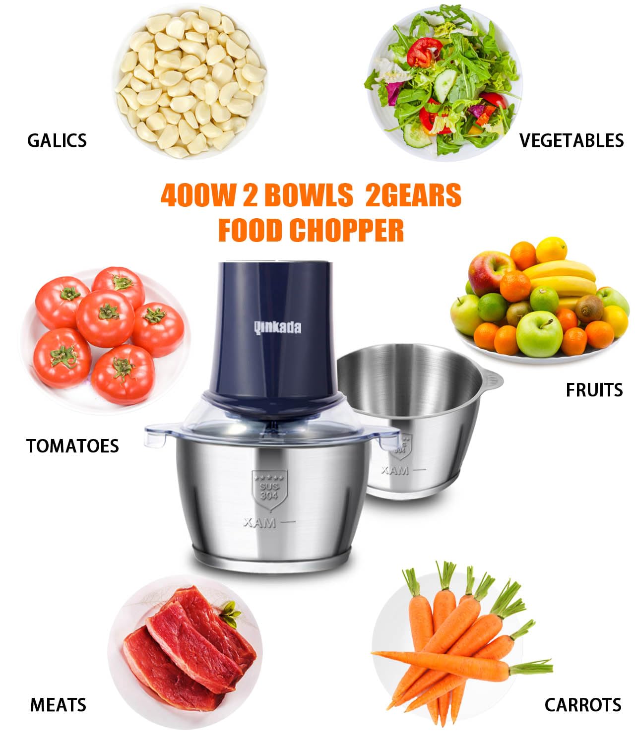 Food Processors with 2 Bowls, 400W Meat Grinder, Food Chopper Electric, 2 Speed, 8Cup Glass and 8Cup 304 Stainless Steel, 2 Blades, Spatula (White)