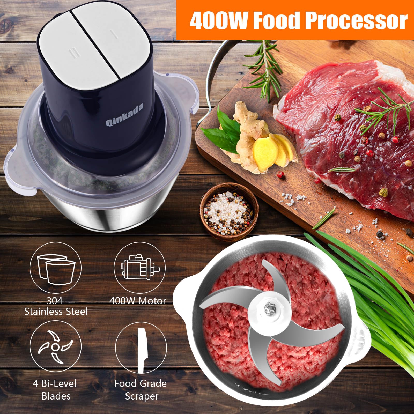 Food Processors with 2 Bowls, 400W Meat Grinder, Food Chopper Electric, 2 Speed, 8Cup Glass and 8Cup 304 Stainless Steel, 2 Blades, Spatula (White)