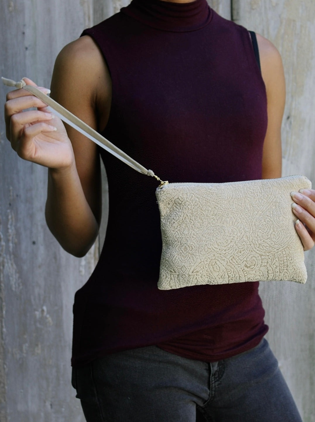 French Cream Chenille Wristlet Purse