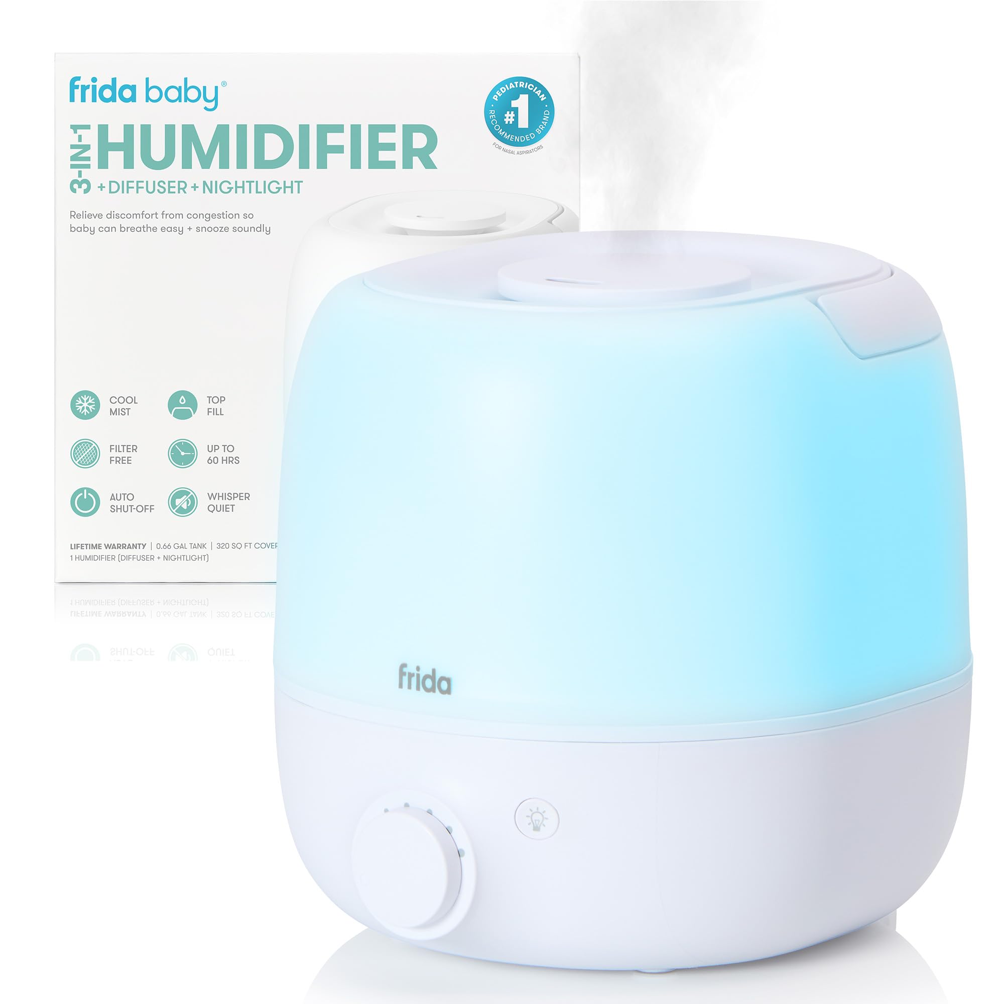 Frida Baby 3-in-1 XL Top Fill Humidifier for Bedroom, Allergy Relief, 6L Tank Cool Mist Humidifier for Large Rooms + Diffuser, Nightlight, Auto Shut-Off, Quiet, Carry Handle, Essential Oil Diffuser