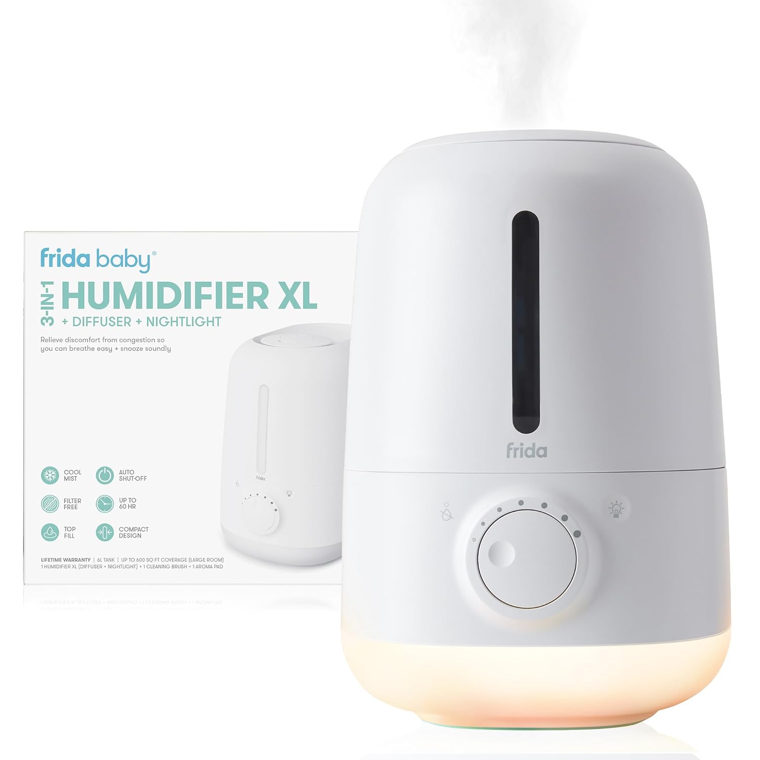 Frida Baby 3-in-1 XL Top Fill Humidifier for Bedroom, Allergy Relief, 6L Tank Cool Mist Humidifier for Large Rooms + Diffuser, Nightlight, Auto Shut-Off, Quiet, Carry Handle, Essential Oil Diffuser