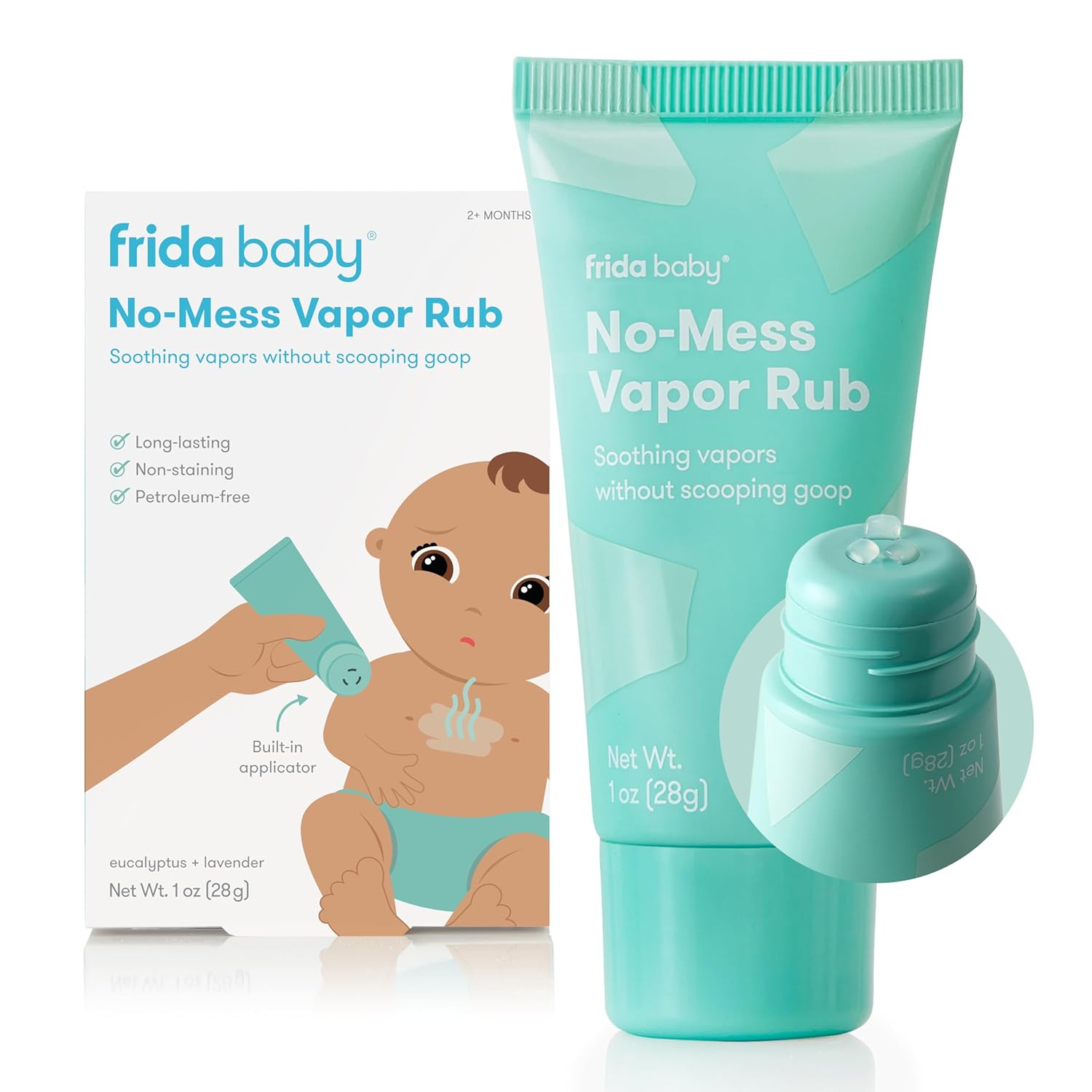 Frida Baby No-Mess Vapor Rub, Baby Vapor Rub for Chest, Neck, Back + Foot,Non-staining, Petroleum-Free Hands-Free Applicator Tube, Soothing Eucalyptus & Lavender for Sleep