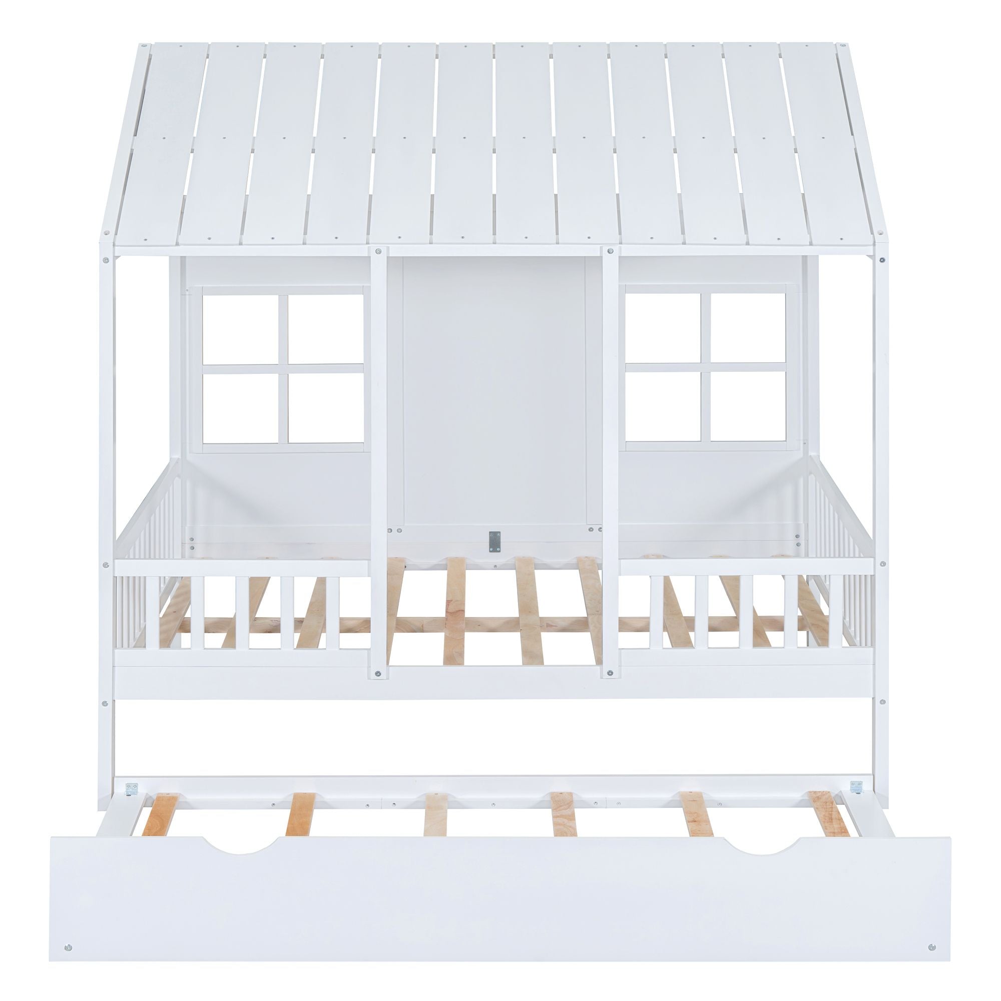 Full Size Wood House Bed With Twin Size Trundle, Wooden Daybed