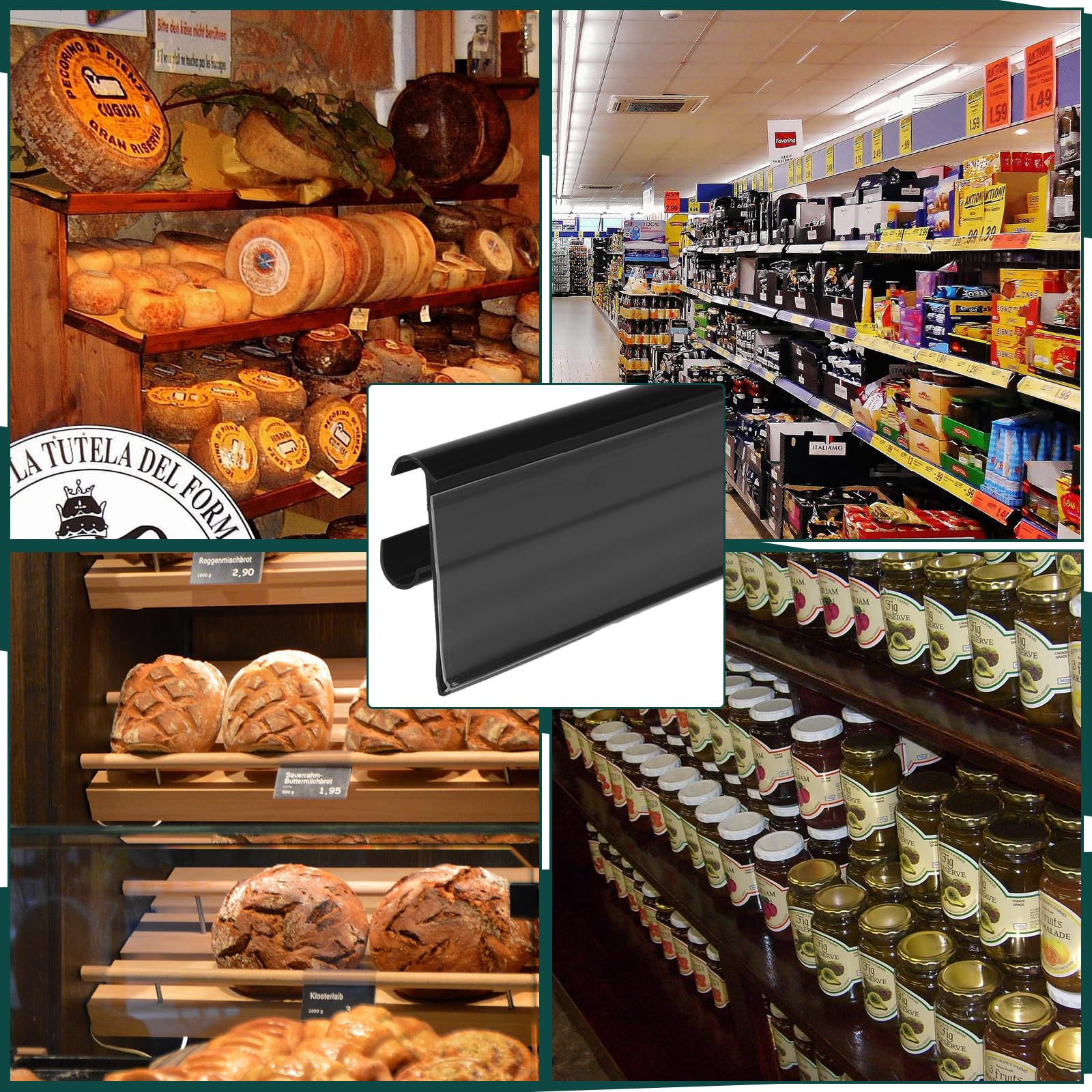 Fulmoon 50 Pcs 27 x 1.26 Inch Wire Shelf Label Holder Strip Price Tag Black Back Plastic Label Holder with Clear PVC Cover Black Back for Refrigeration Cases Cooler Shelf