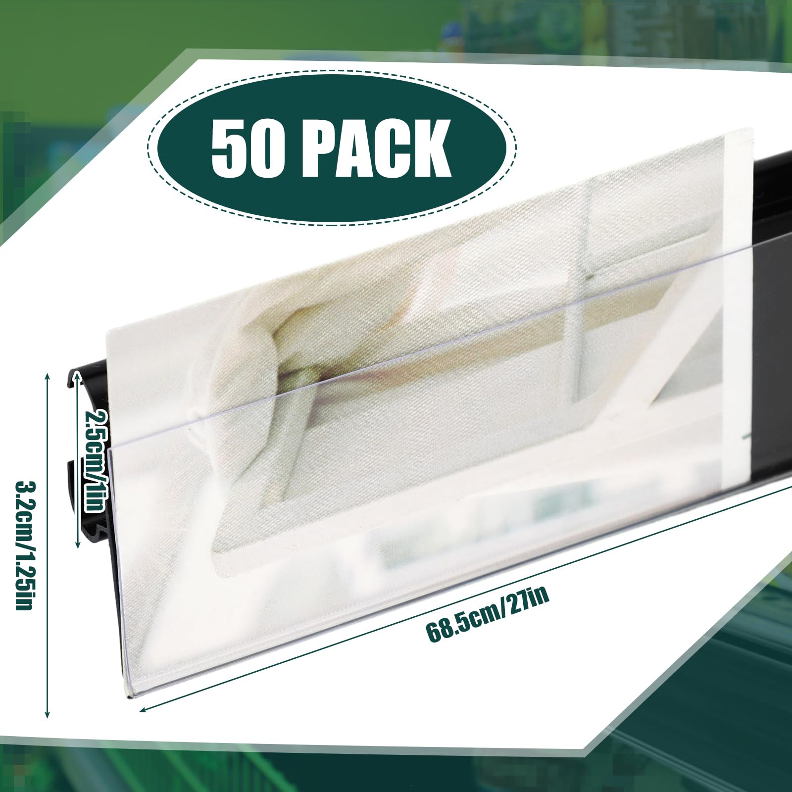 Fulmoon 50 Pcs 27 x 1.26 Inch Wire Shelf Label Holder Strip Price Tag Black Back Plastic Label Holder with Clear PVC Cover Black Back for Refrigeration Cases Cooler Shelf