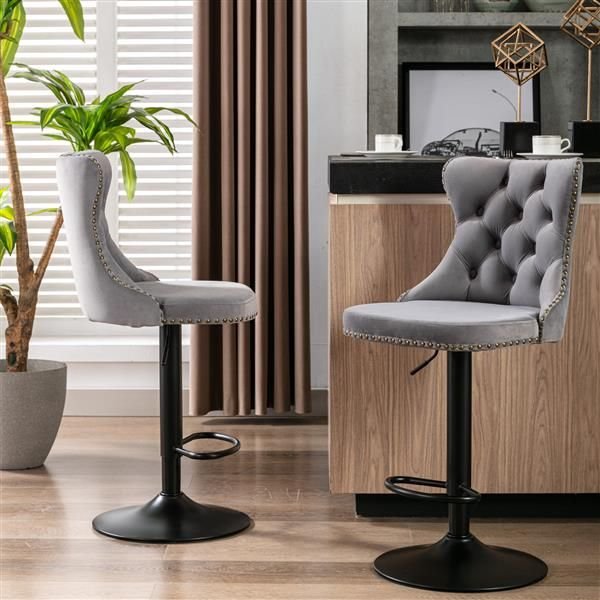 Furniture,Swivel Velvet Barstools Adjusatble Seat Height from 25-33 Inch,17.7 inch base, Modern Upholstered Bar Stools with Backs Comfortable Tufted for Home Pub and Kitchen Island,Gray,Set of 2