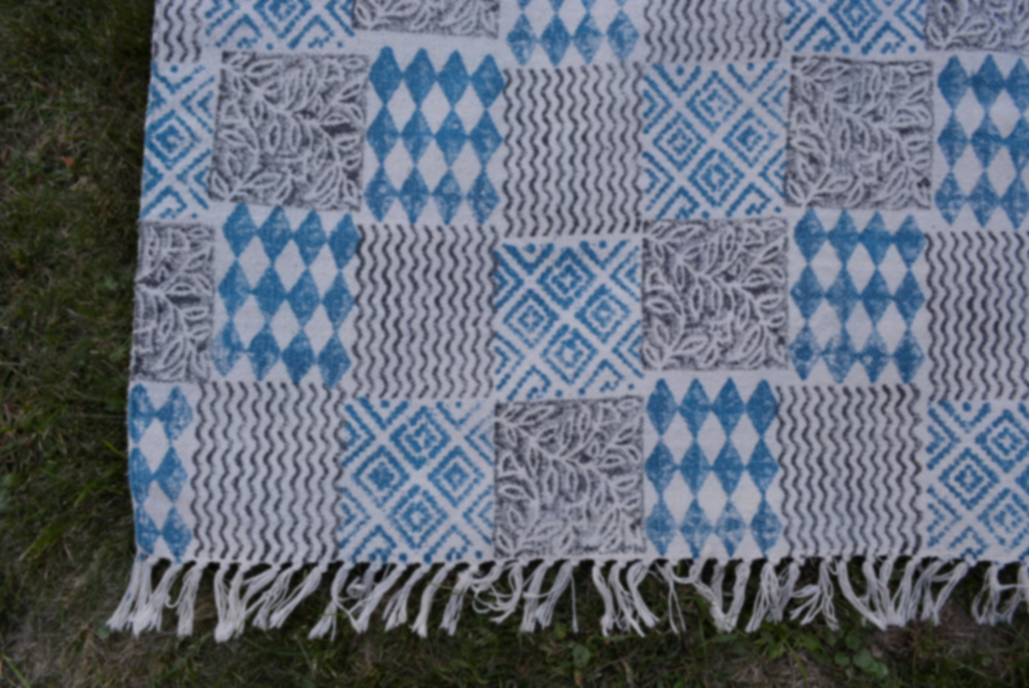 INDIGO DYED HANDWOVEN BLOCK PRINTED COTTON RUG WITH FLORAL DESIGN by OMSutra