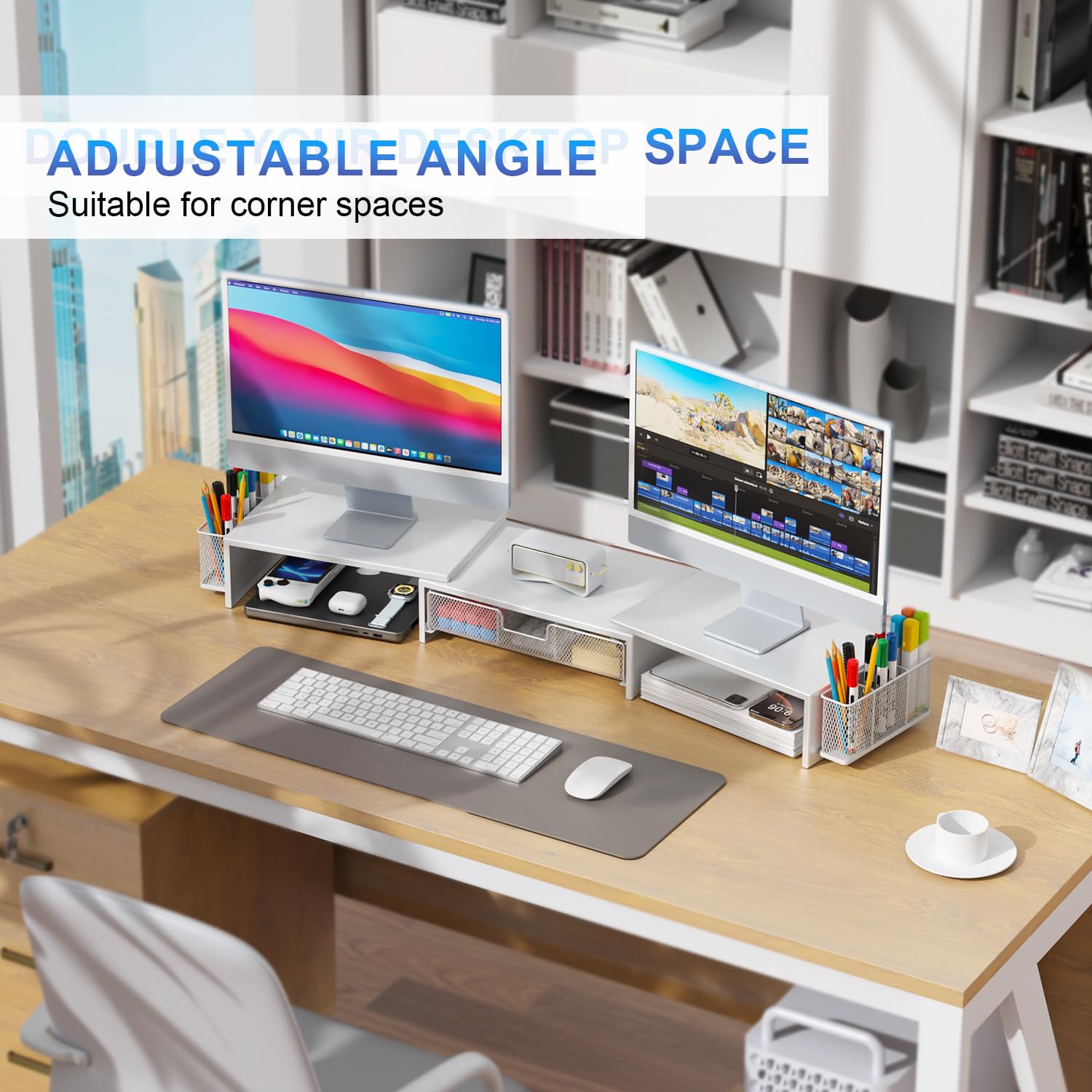 gianotter Dual Monitor Stand Riser, Desk Organizer With Drawer and 2 Pen Holders, Computer Monitor Stand, Desk Shelf for Top of Desk, Balck