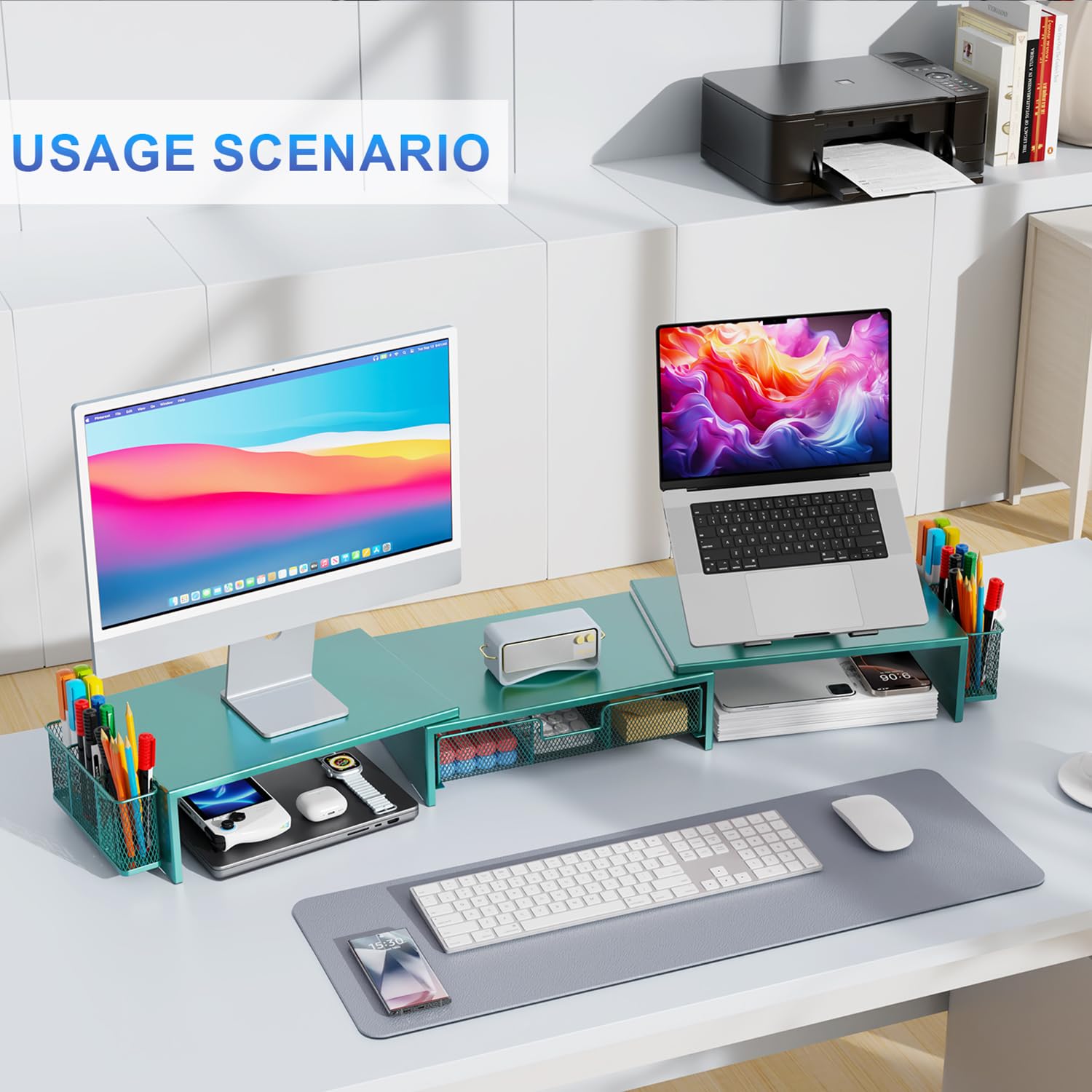 gianotter Dual Monitor Stand Riser, Desk Organizer With Drawer and 2 Pen Holders, Computer Monitor Stand, Desk Shelf for Top of Desk, Balck