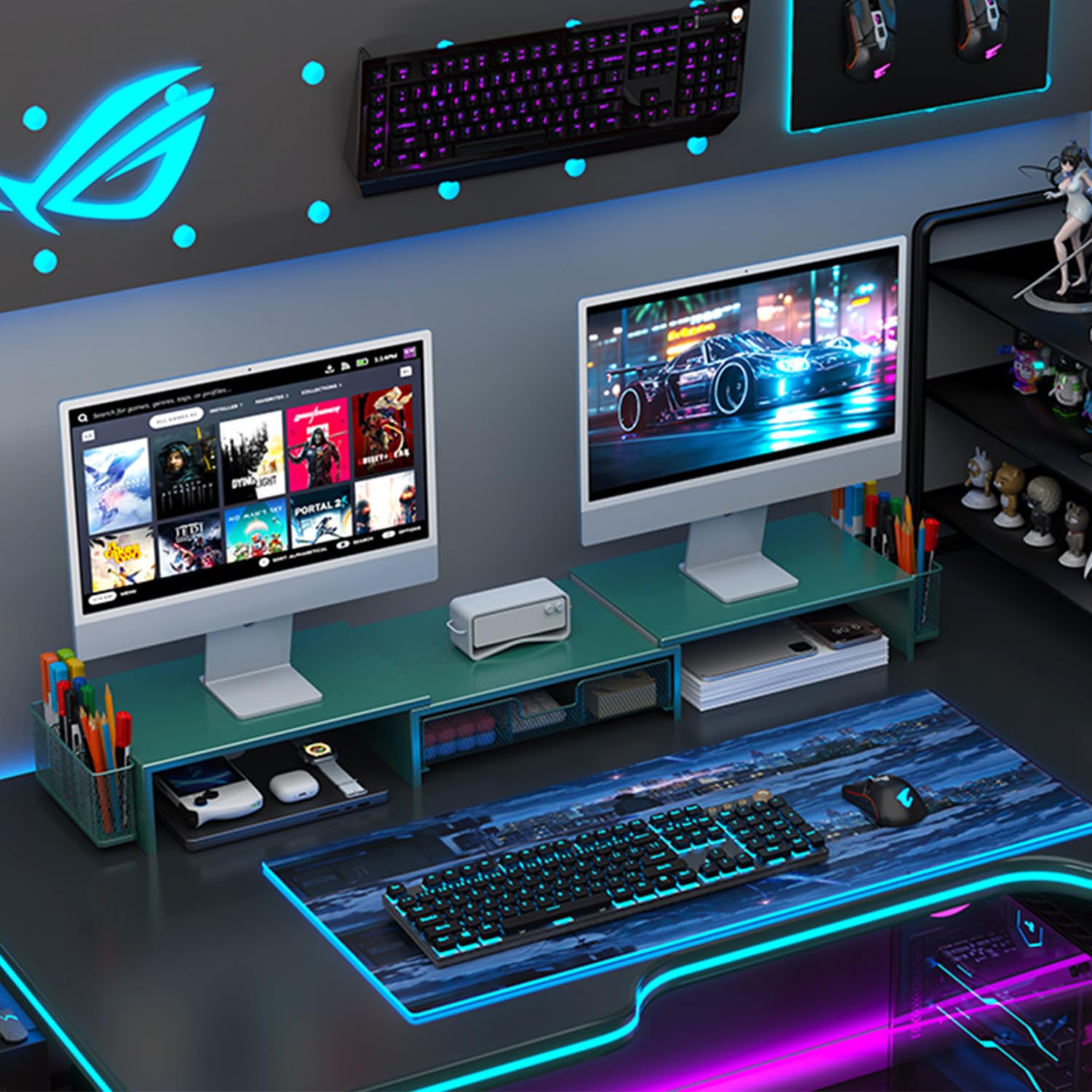 gianotter Dual Monitor Stand Riser, Desk Organizer With Drawer and 2 Pen Holders, Computer Monitor Stand, Desk Shelf for Top of Desk, Balck