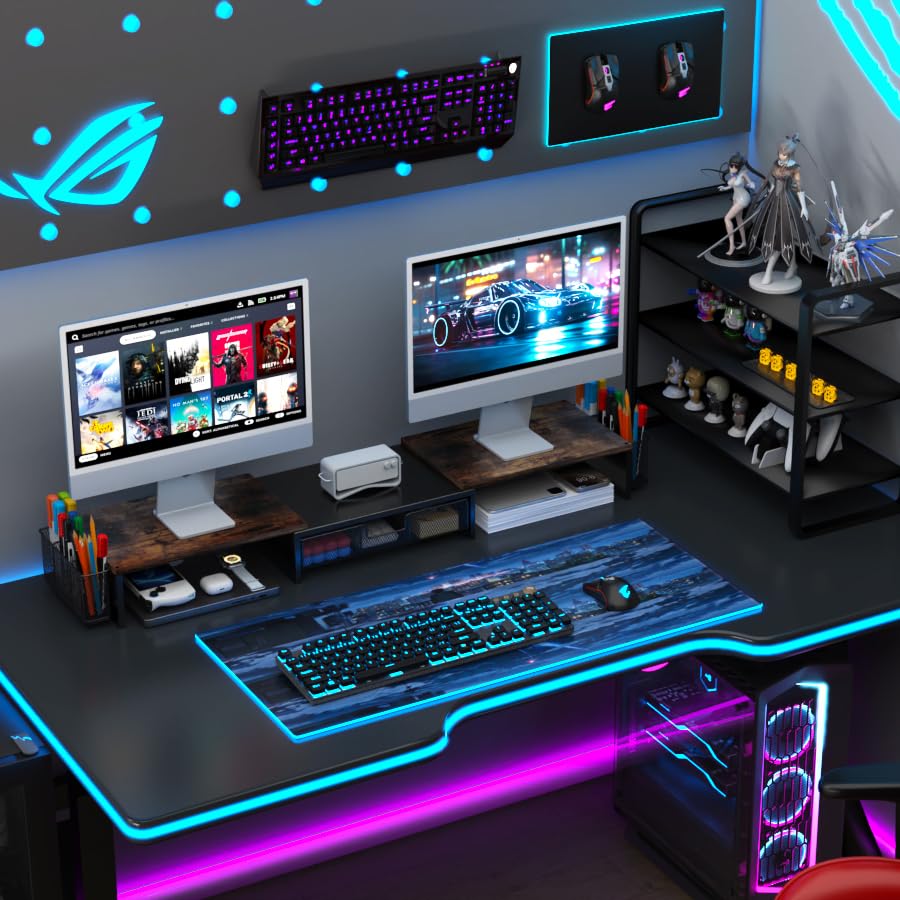 gianotter Dual Monitor Stand Riser, Desk Organizer With Drawer and 2 Pen Holders, Computer Monitor Stand, Desk Shelf for Top of Desk, Balck