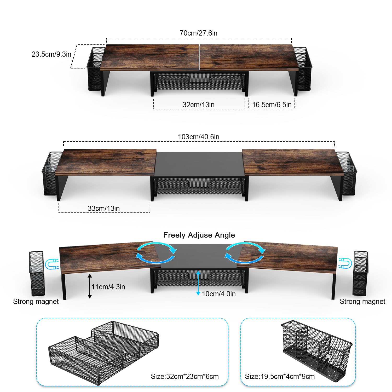 gianotter Dual Monitor Stand Riser, Desk Organizer With Drawer and 2 Pen Holders, Computer Monitor Stand, Desk Shelf for Top of Desk, Balck