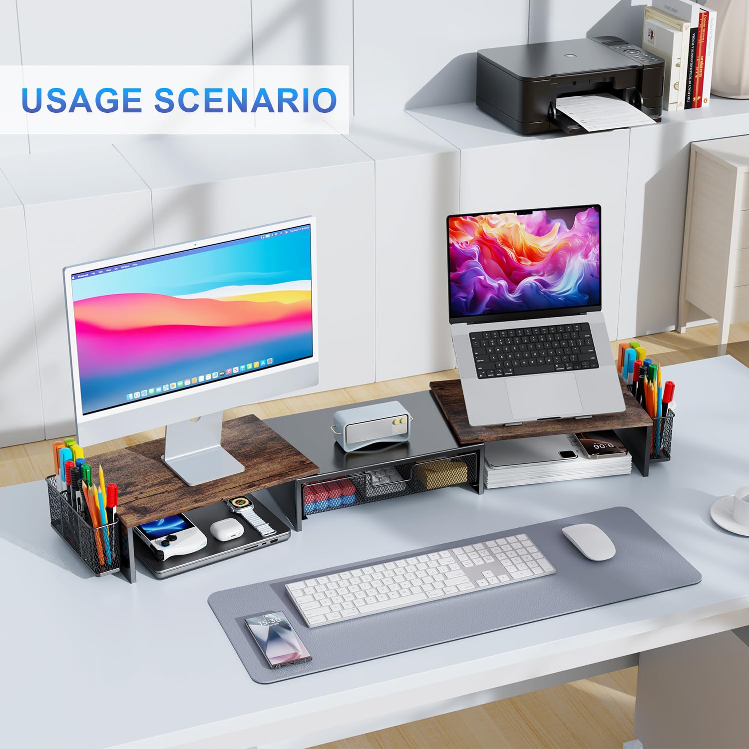 gianotter Dual Monitor Stand Riser, Desk Organizer With Drawer and 2 Pen Holders, Computer Monitor Stand, Desk Shelf for Top of Desk, Balck