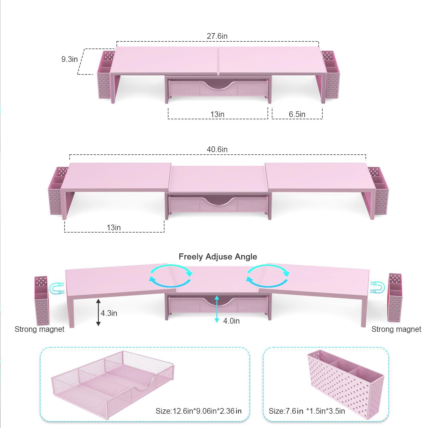 gianotter Dual Monitor Stand Riser, Desk Organizer With Drawer and 2 Pen Holders, Computer Monitor Stand, Desk Shelf for Top of Desk, Balck