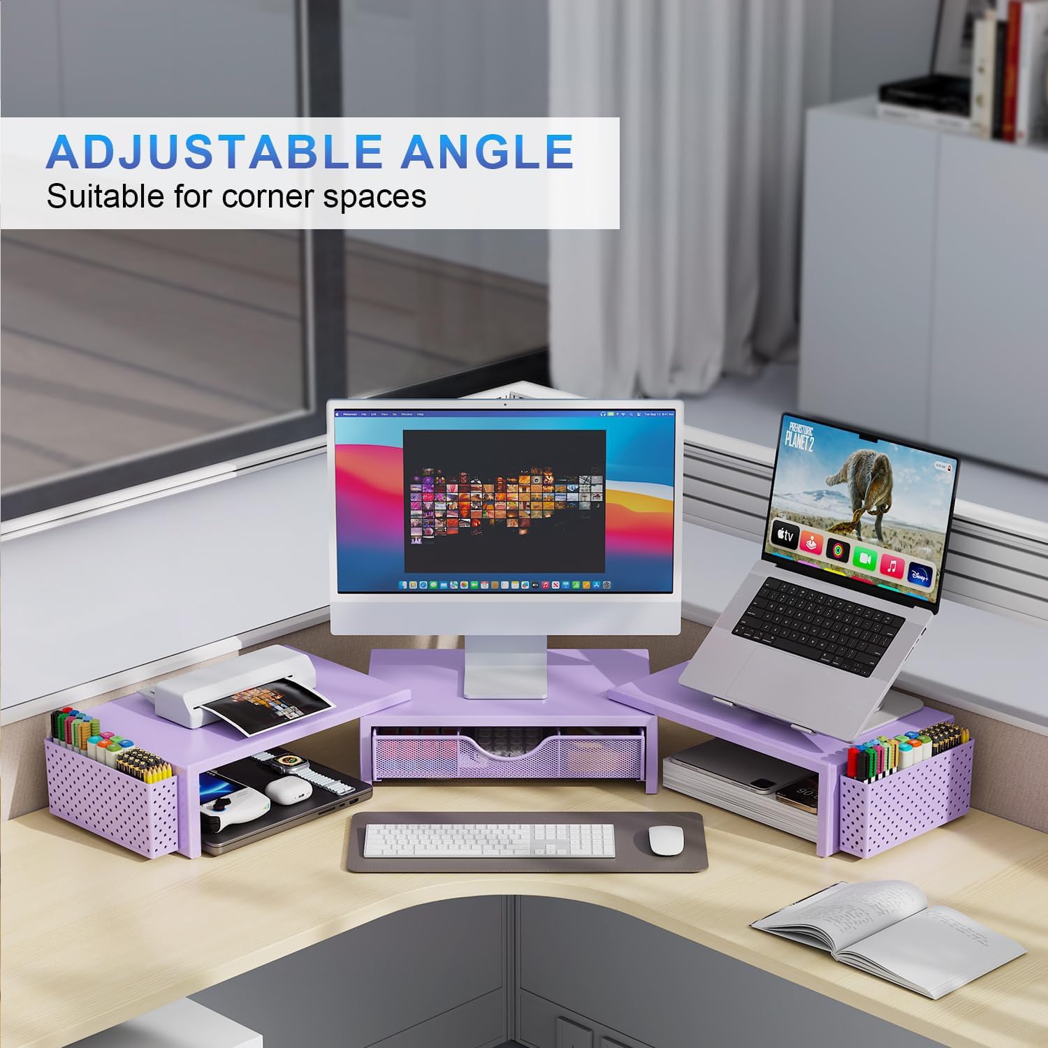 gianotter Dual Monitor Stand Riser, Desk Organizer With Drawer and 2 Pen Holders, Computer Monitor Stand, Desk Shelf for Top of Desk, Balck