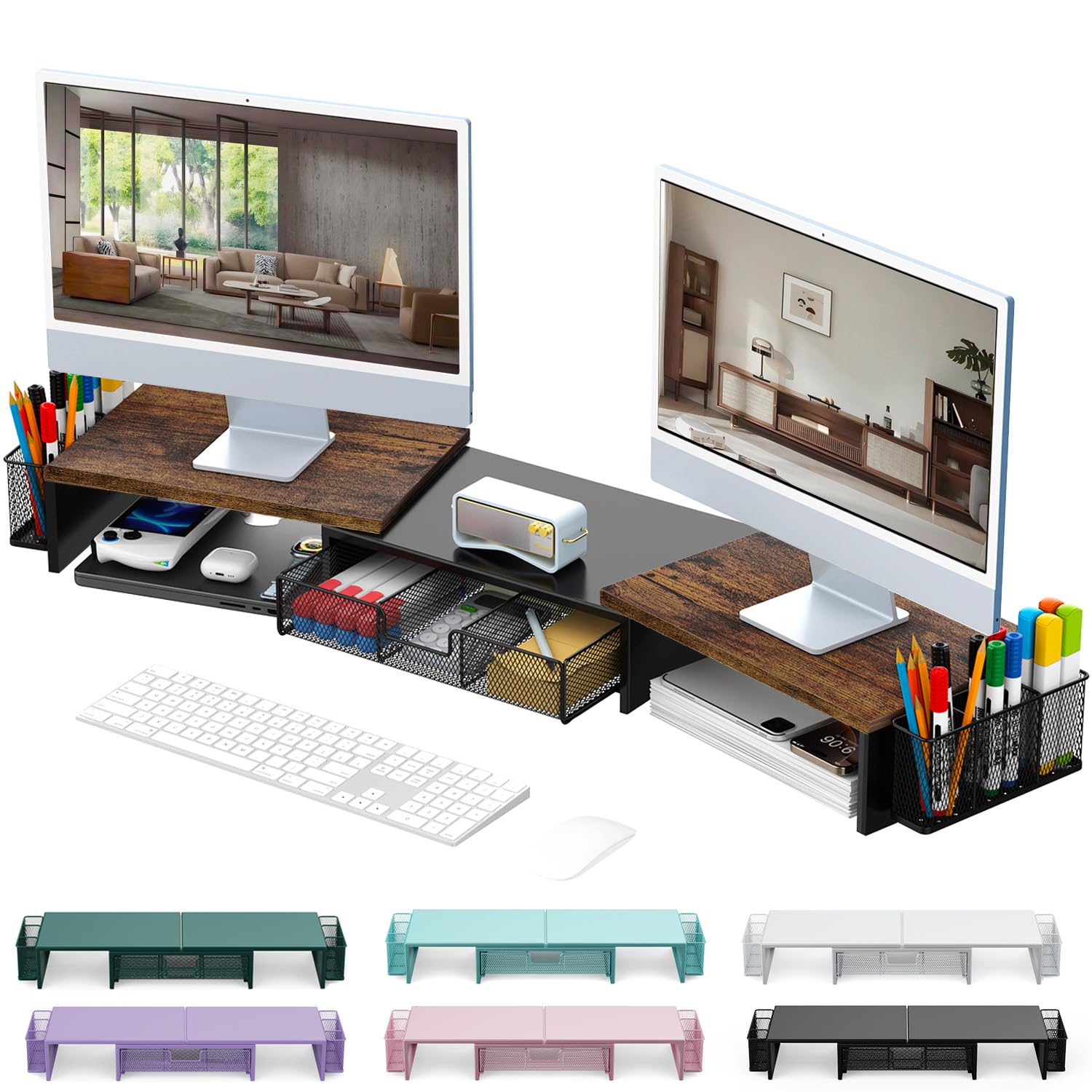 gianotter Dual Monitor Stand Riser, Desk Organizer With Drawer and 2 Pen Holders, Computer Monitor Stand, Desk Shelf for Top of Desk, Balck