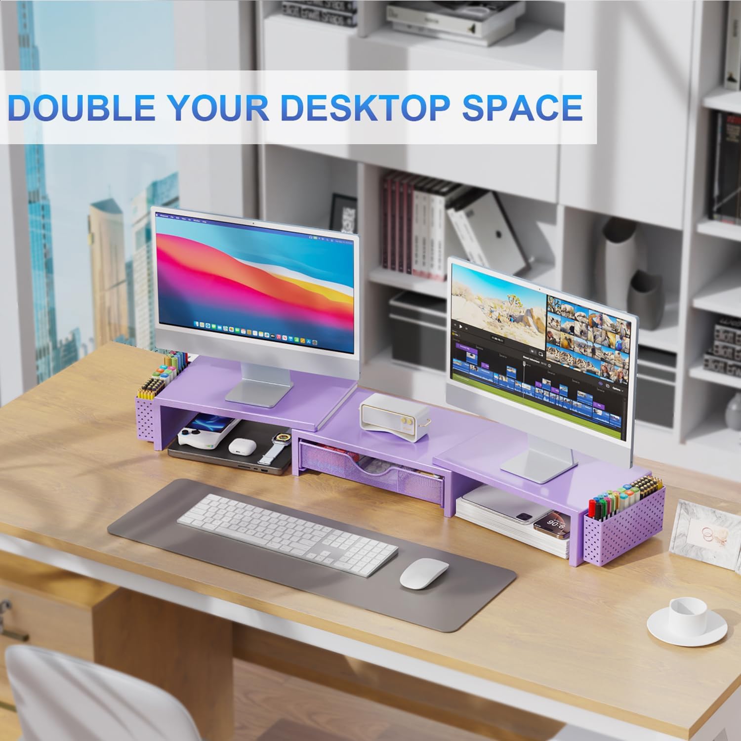 gianotter Dual Monitor Stand Riser, Desk Organizer With Drawer and 2 Pen Holders, Computer Monitor Stand, Desk Shelf for Top of Desk, Balck