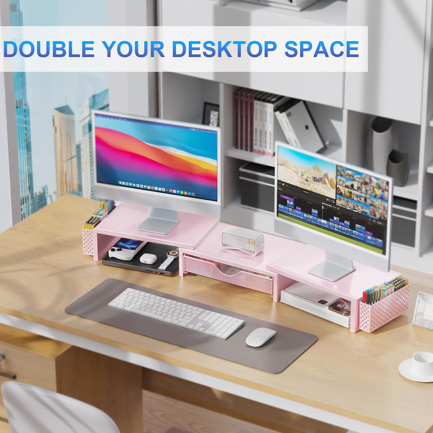 gianotter Dual Monitor Stand Riser, Desk Organizer With Drawer and 2 Pen Holders, Computer Monitor Stand, Desk Shelf for Top of Desk, Balck