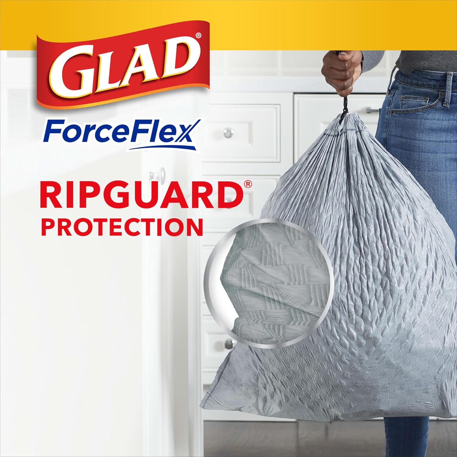 Glad ForceFlex Tall Kitchen Drawstring Trash Bags, 13 Gal, Gain Lemon Zest, 40 Ct (Package May Vary)