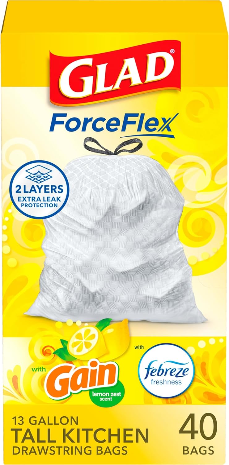 Glad ForceFlex Tall Kitchen Drawstring Trash Bags, 13 Gal, Gain Lemon Zest, 40 Ct (Package May Vary)