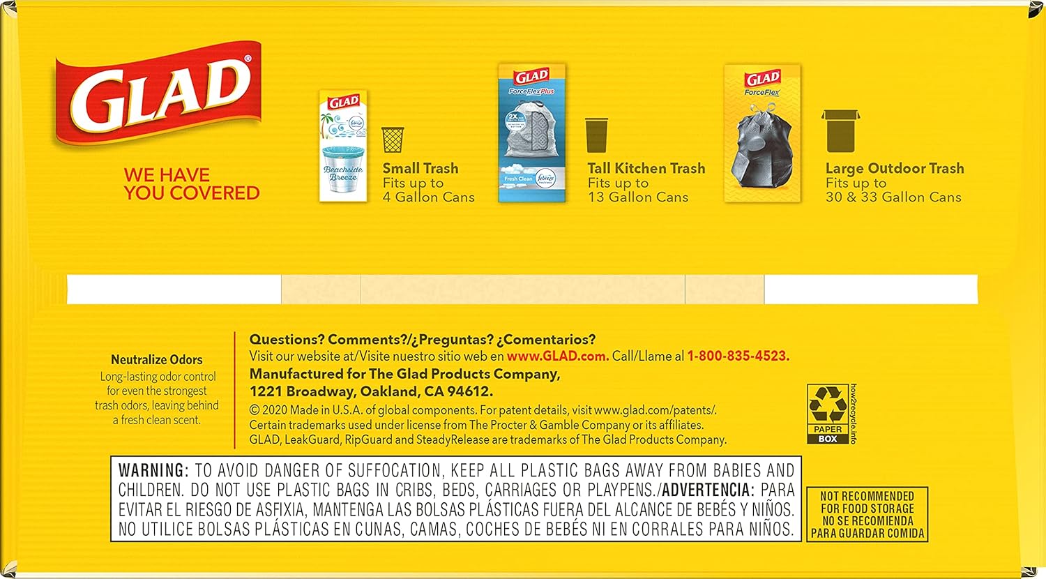 Glad ForceFlex Tall Kitchen Drawstring Trash Bags, 13 Gal, Gain Lemon Zest, 40 Ct (Package May Vary)