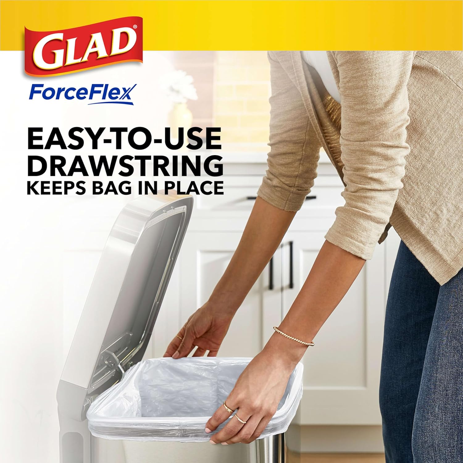 Glad ForceFlex Tall Kitchen Drawstring Trash Bags, 13 Gal, Gain Lemon Zest, 40 Ct (Package May Vary)