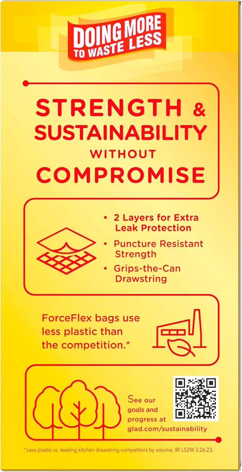 Glad ForceFlex Tall Kitchen Drawstring Trash Bags, 13 Gal, Gain Lemon Zest, 40 Ct (Package May Vary)