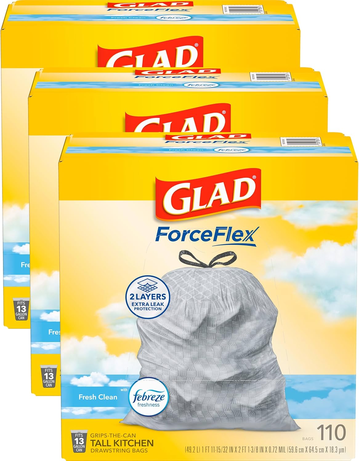 Glad ForceFlex Tall Kitchen Drawstring Trash Bags, 13 Gal, Gain Lemon Zest, 40 Ct (Package May Vary)