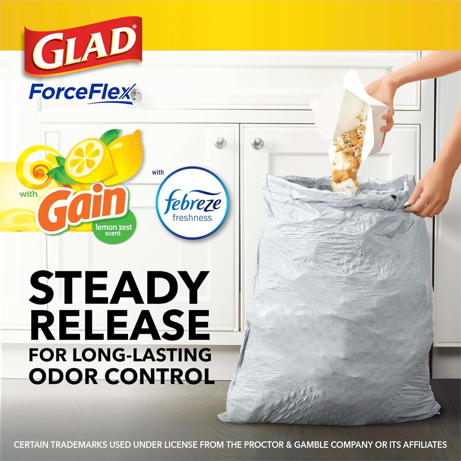 Glad ForceFlex Tall Kitchen Drawstring Trash Bags, 13 Gal, Gain Lemon Zest, 40 Ct (Package May Vary)