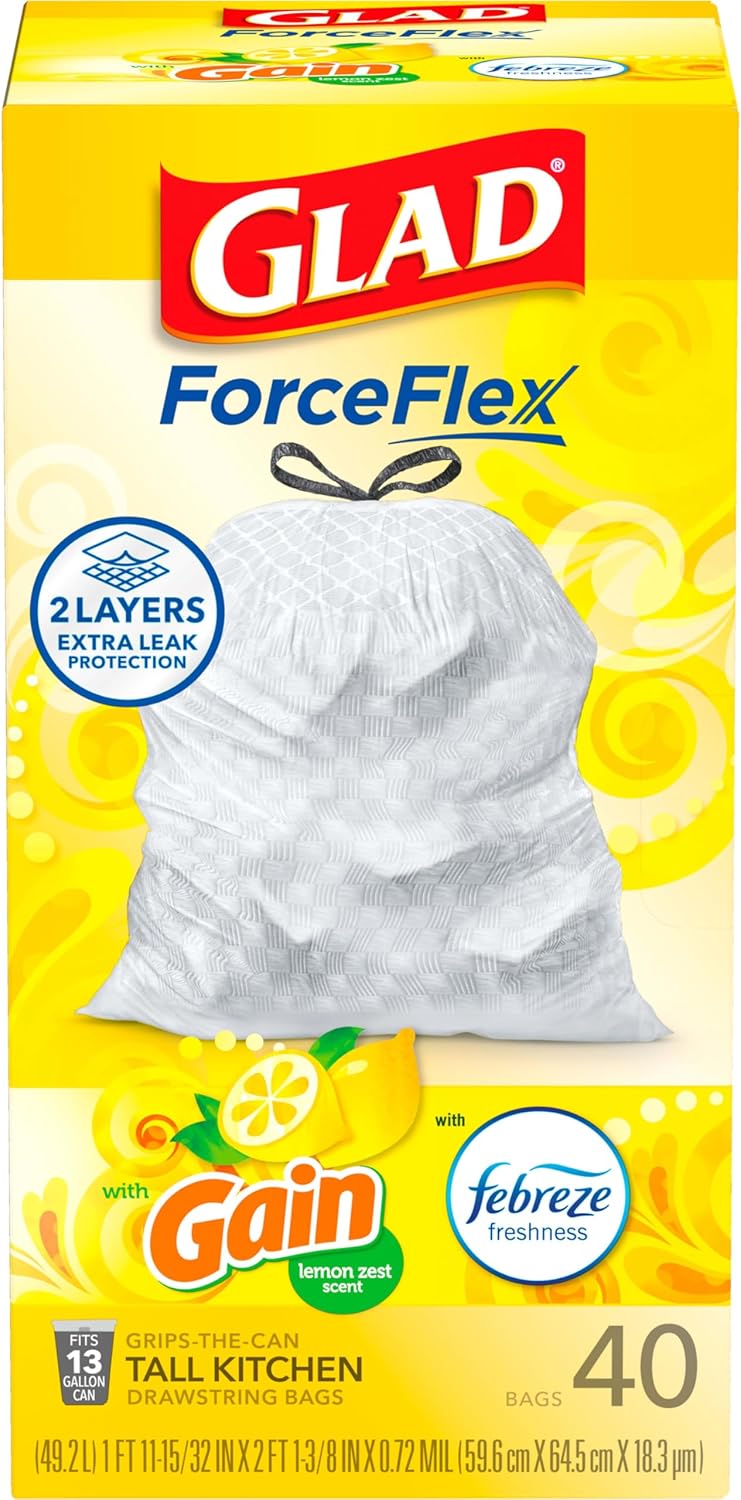 Glad ForceFlex Tall Kitchen Drawstring Trash Bags, 13 Gal, Gain Lemon Zest, 40 Ct (Package May Vary)