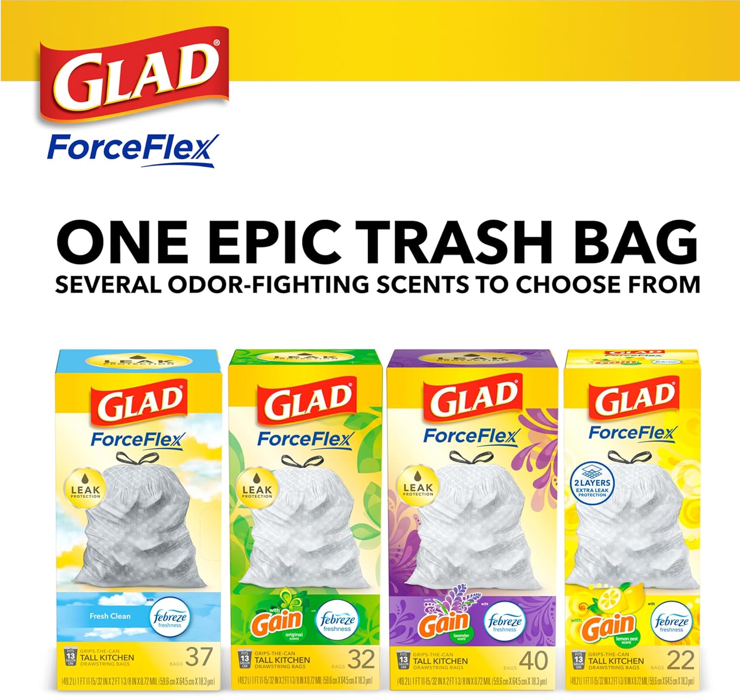 Glad ForceFlex Tall Kitchen Drawstring Trash Bags, 13 Gal, Gain Lemon Zest, 40 Ct (Package May Vary)