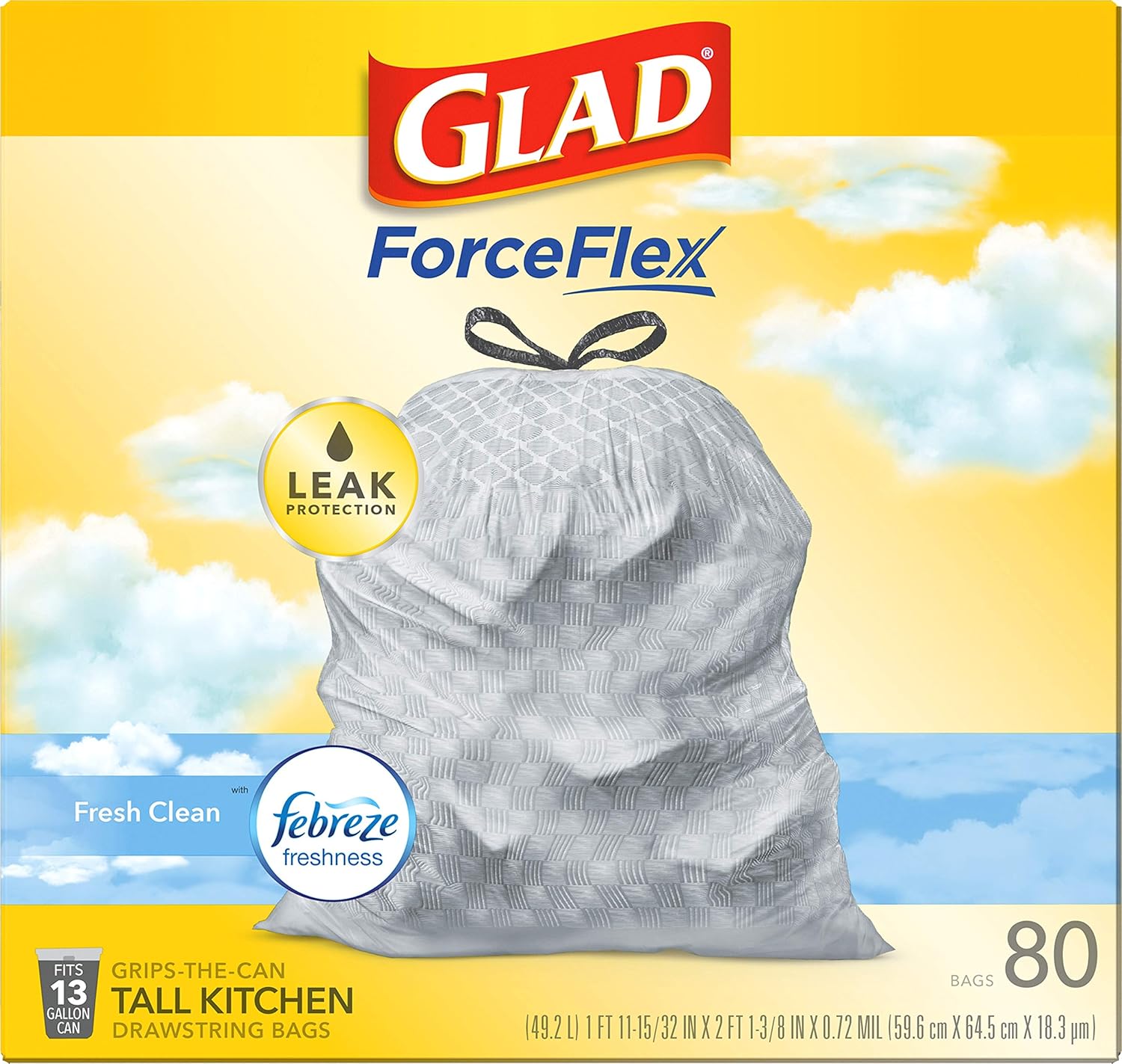 Glad ForceFlex Tall Kitchen Drawstring Trash Bags, 13 Gal, Gain Lemon Zest, 40 Ct (Package May Vary)
