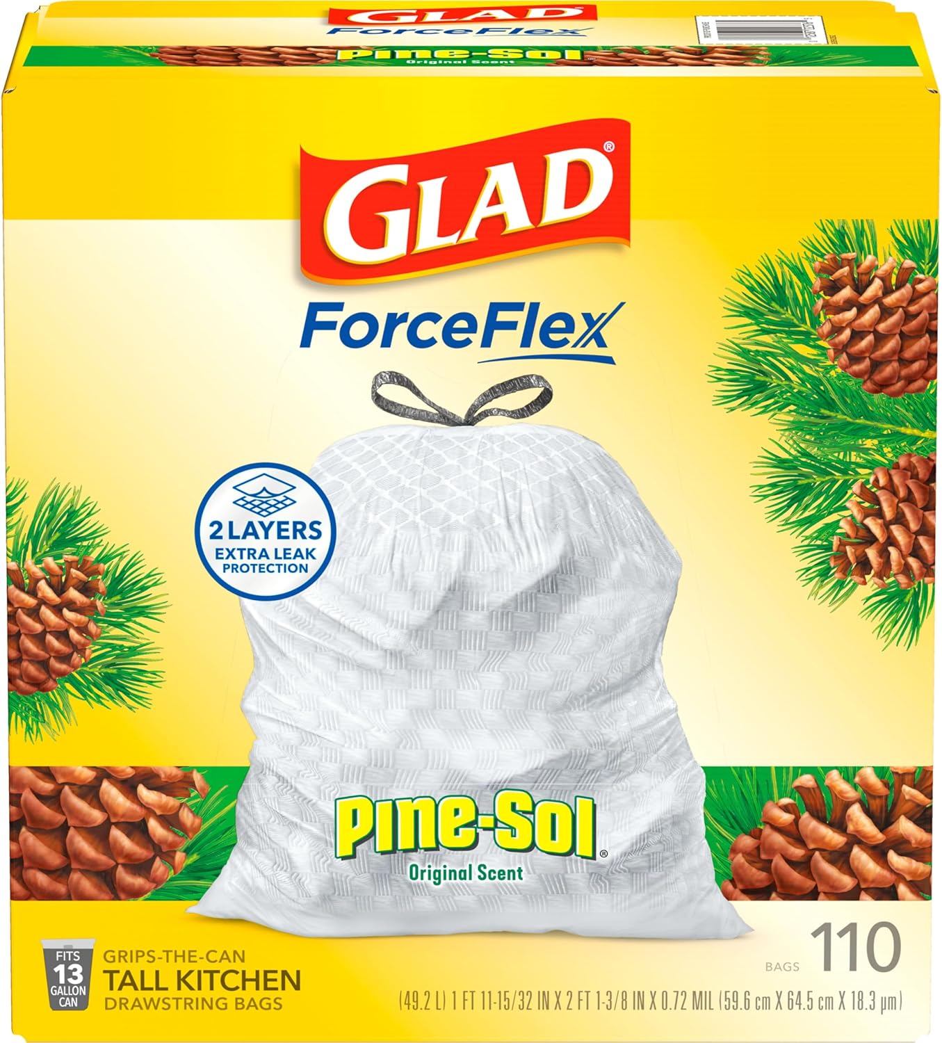 Glad ForceFlex Tall Kitchen Drawstring Trash Bags, 13 Gal, Gain Lemon Zest, 40 Ct (Package May Vary)