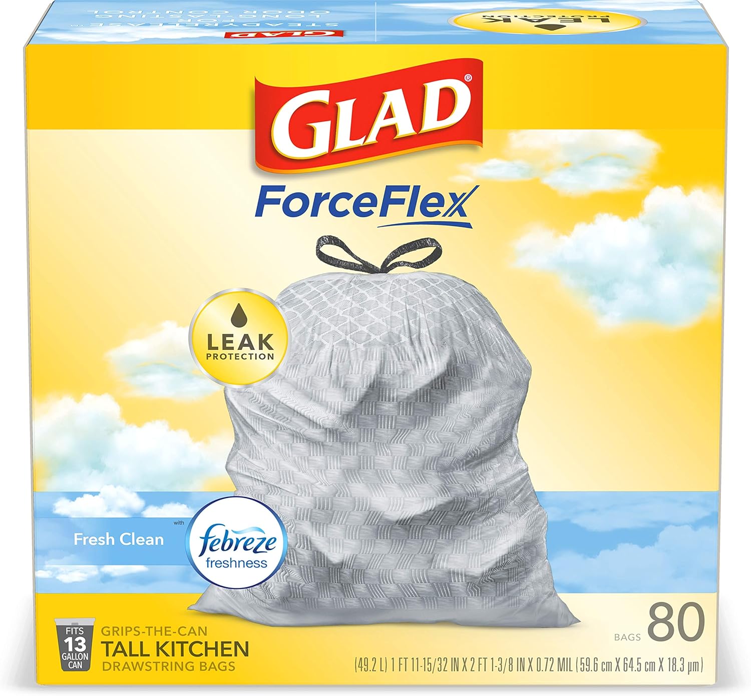 Glad ForceFlex Tall Kitchen Drawstring Trash Bags, 13 Gal, Gain Lemon Zest, 40 Ct (Package May Vary)