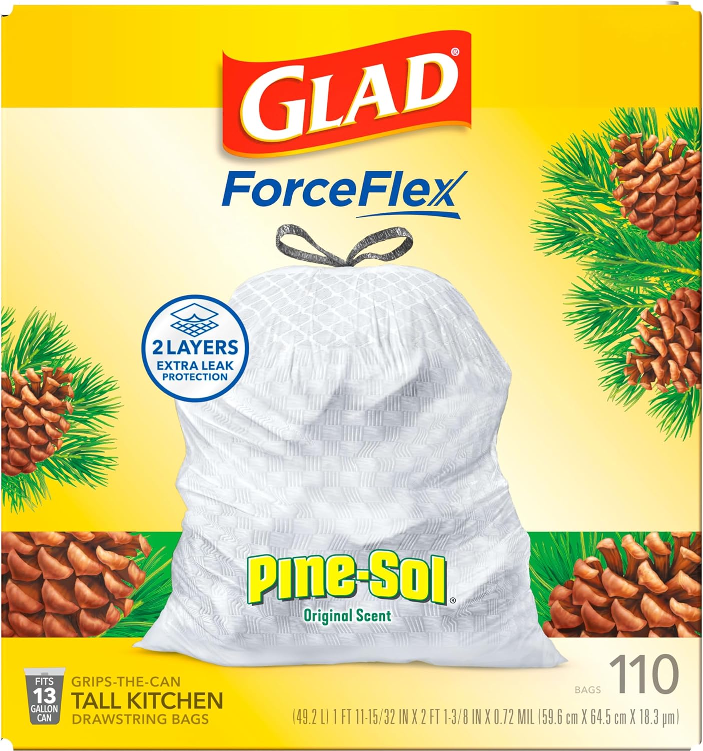 Glad ForceFlex Tall Kitchen Drawstring Trash Bags, 13 Gal, Gain Lemon Zest, 40 Ct (Package May Vary)
