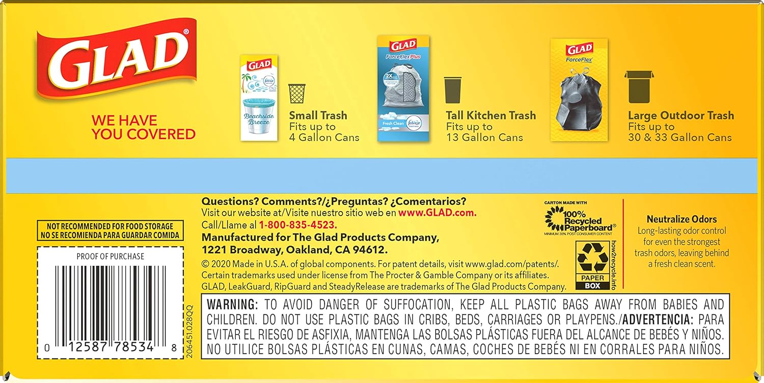 Glad ForceFlex Tall Kitchen Drawstring Trash Bags, 13 Gal, Gain Lemon Zest, 40 Ct (Package May Vary)